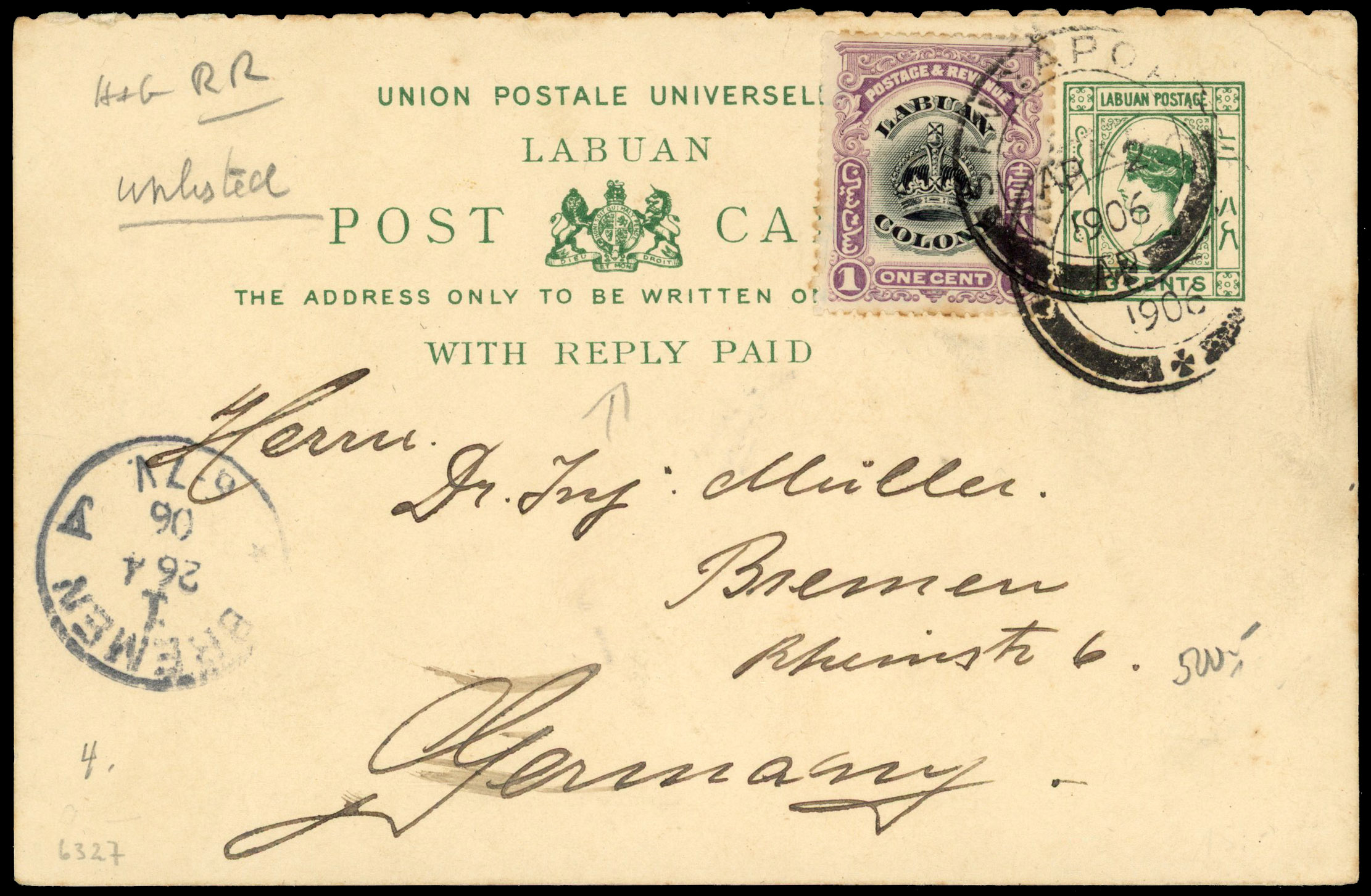 Labuan 1906 QV 3c+3c reply card cancelled in Singapore