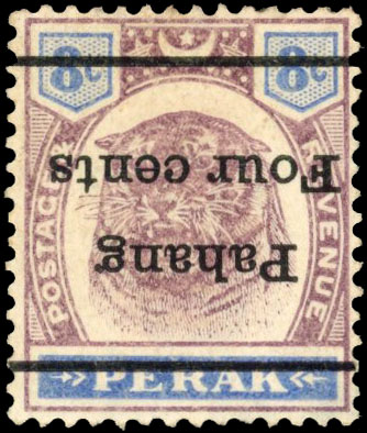 Malaya - Pahang 1899 4c on 8c dull purple and ultramarine with surcharge inverted, SG 25a