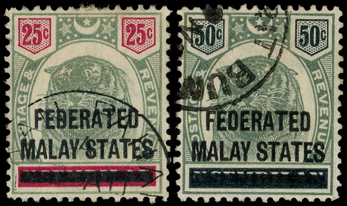 1900 25c and 50c overprints on Negri Sembilan, fine used with good colour. The 25c with part PEKAN PAHANG CDS, the 50c...