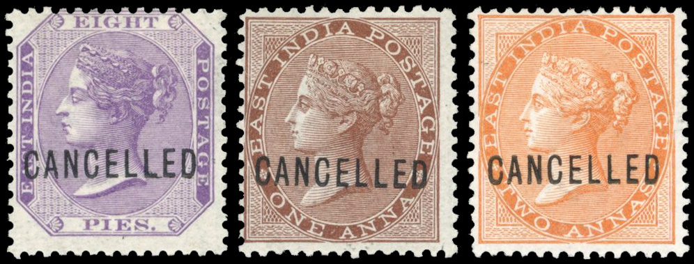 India SG 57, 59, 62 1865 Specimen 8p mauve, 1a brown, 2a orange CANCELLED