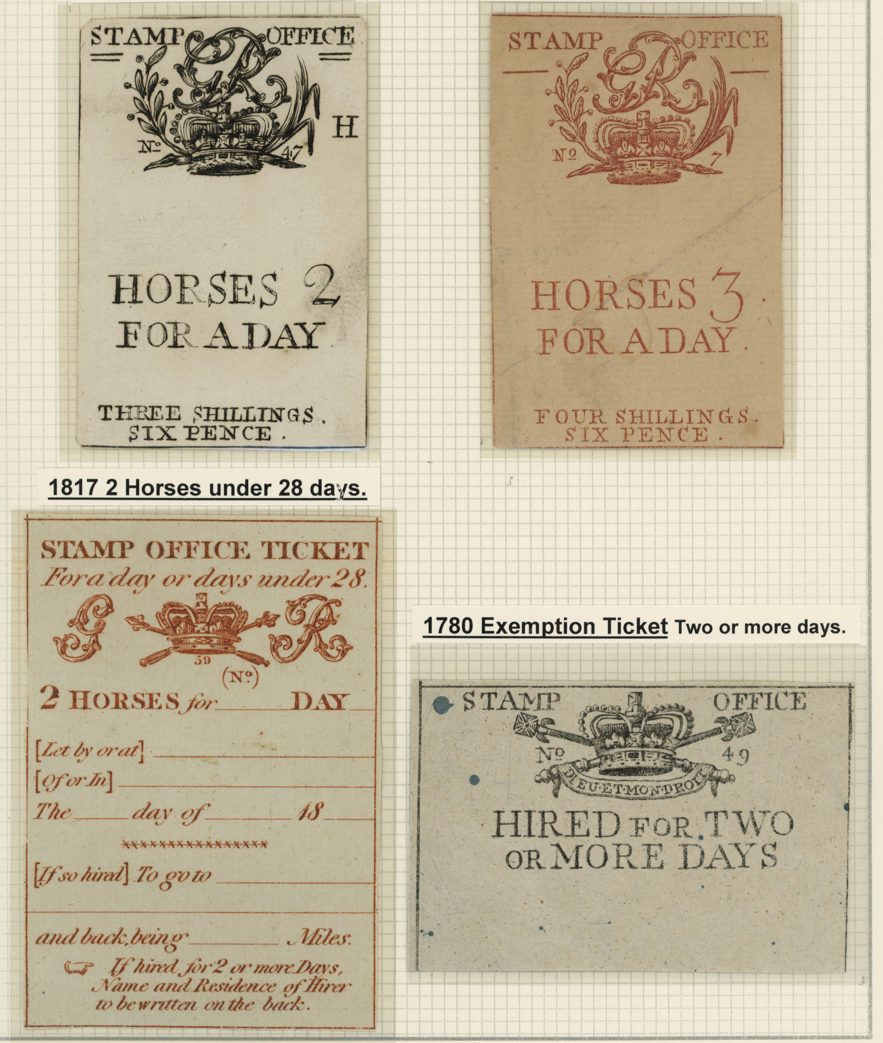 GB. Hired Horse Duty, Day and Exemption tickets: 1780-1817 small group
