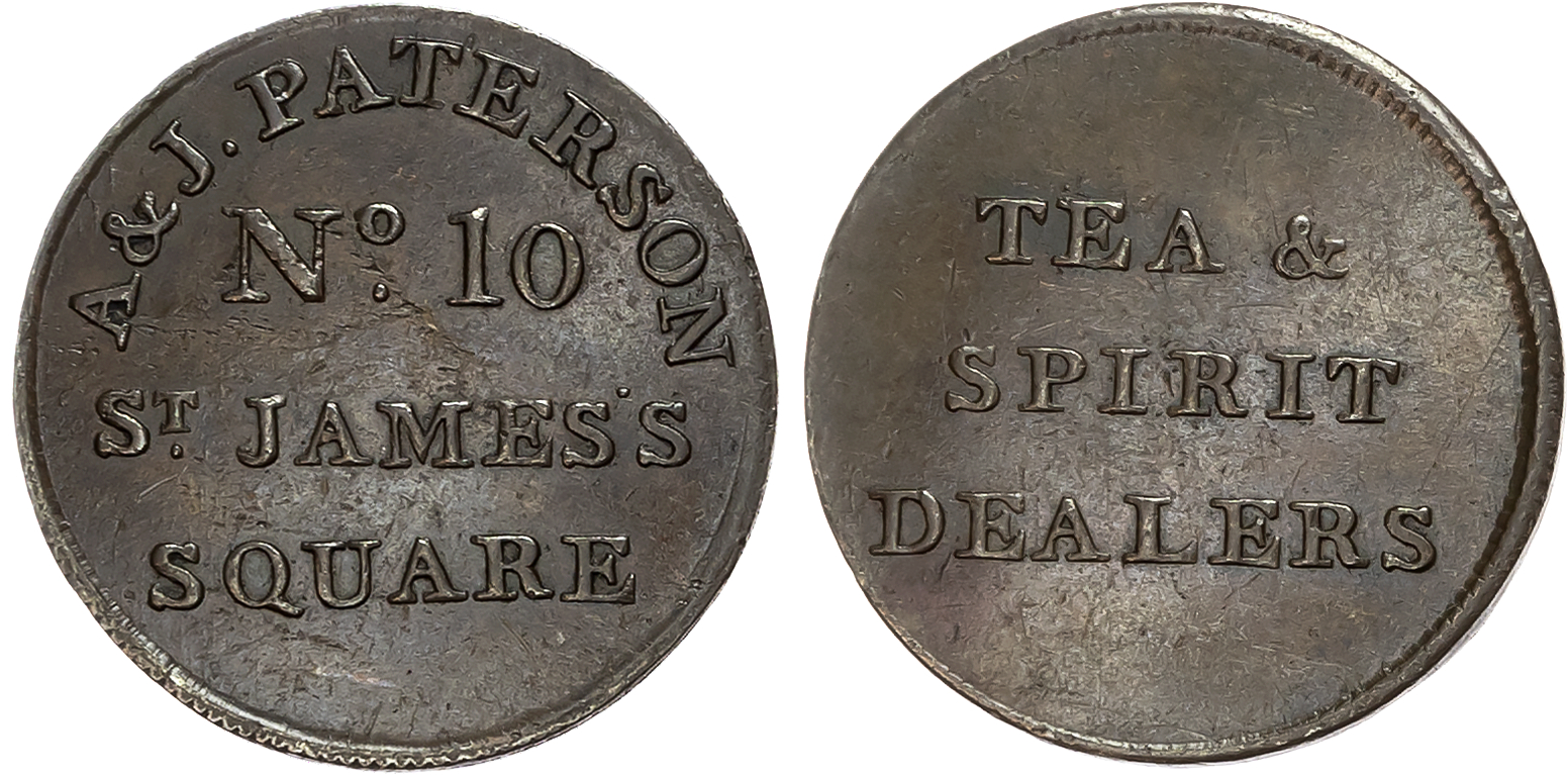 Loth. Edinburgh , A & J Paterson Farthing (grocer and wine merchant) (1790s), 4-line legend, rev . 3-line legend, edge p …