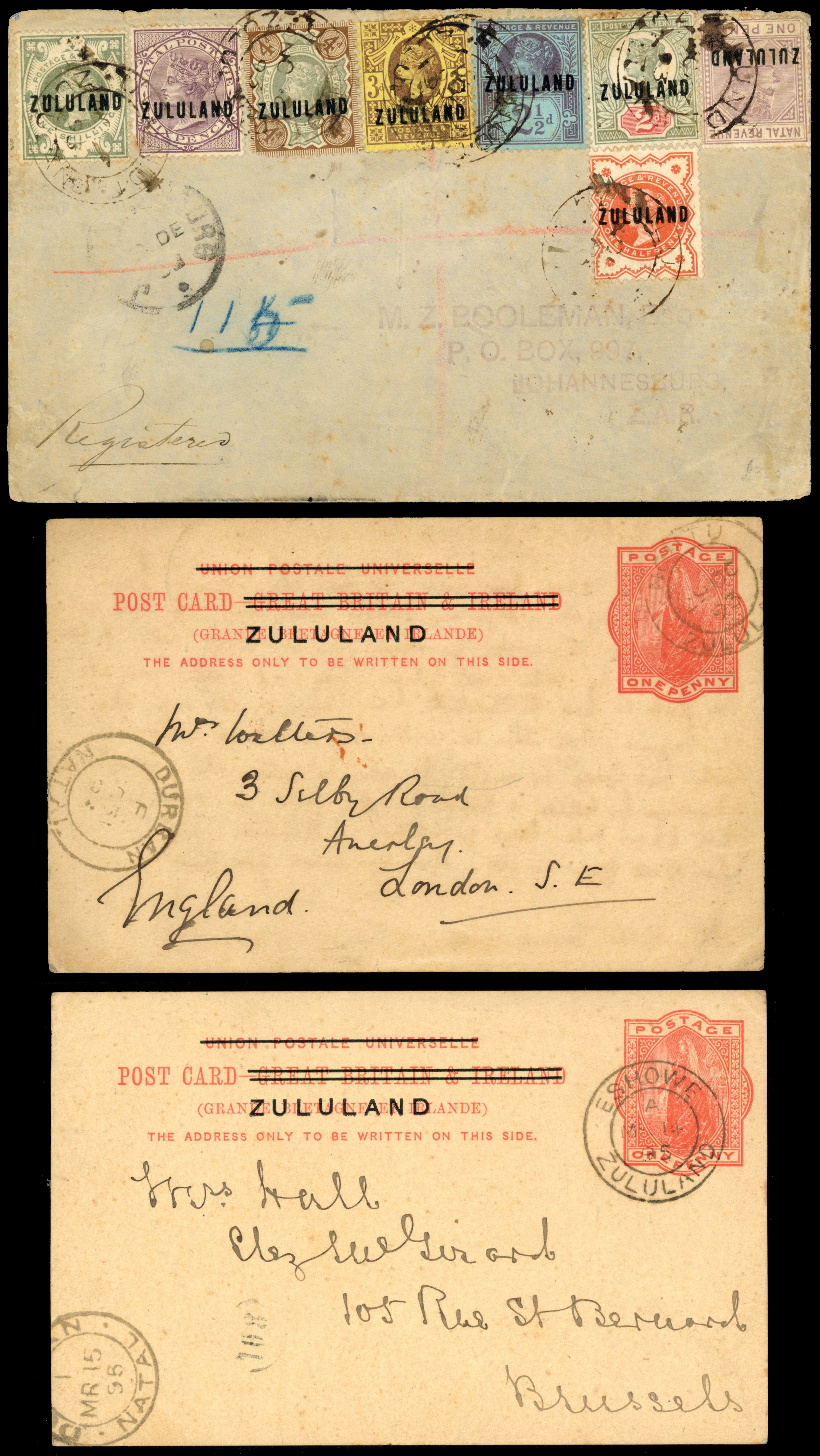 Zululand two 1893-95 stationery and 1893 multifranked cover