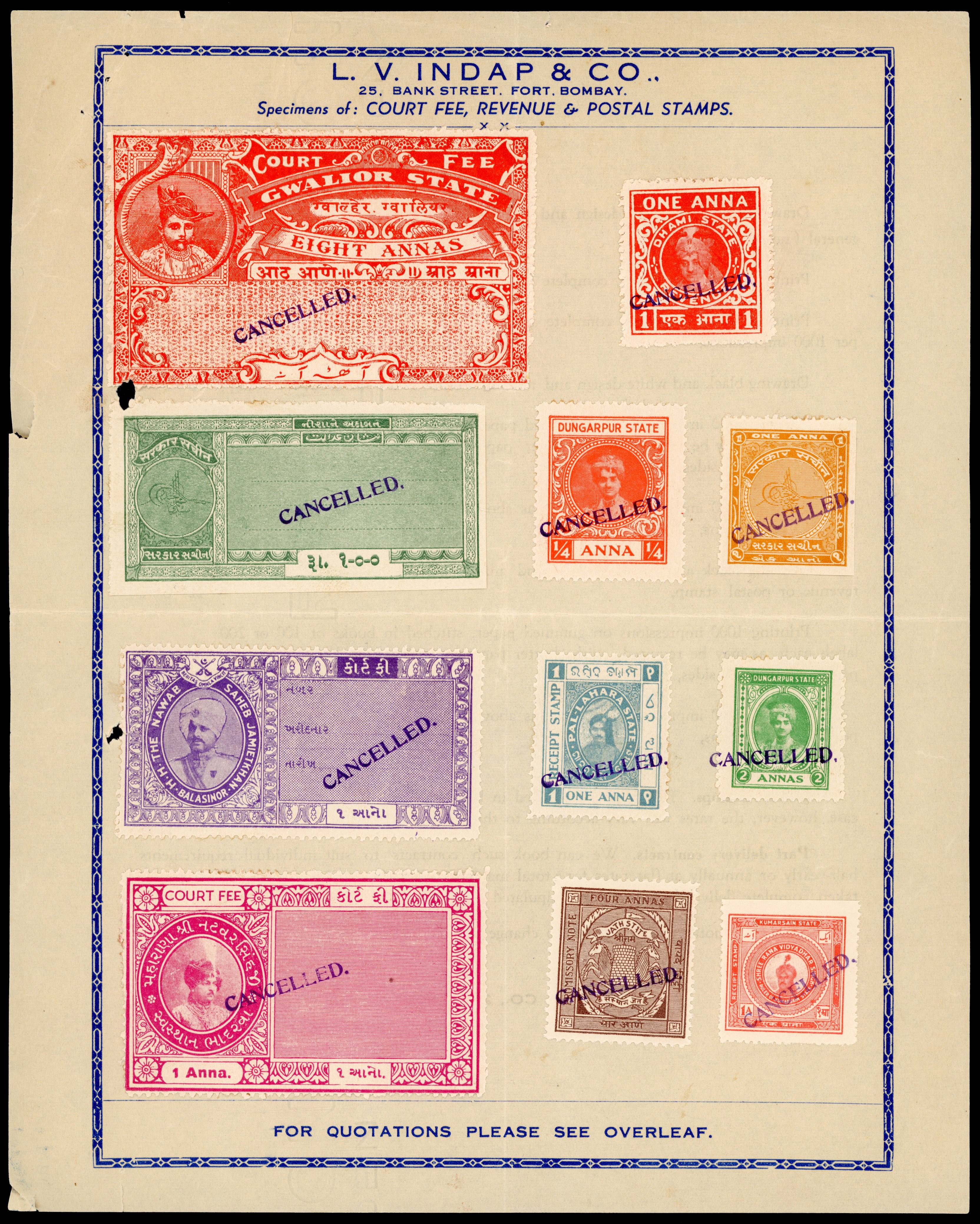 I.F.S Dungarpur 1940s Indap & Co sample sheet bearing essay of the ¼a and 2a value SG 9var,14var 