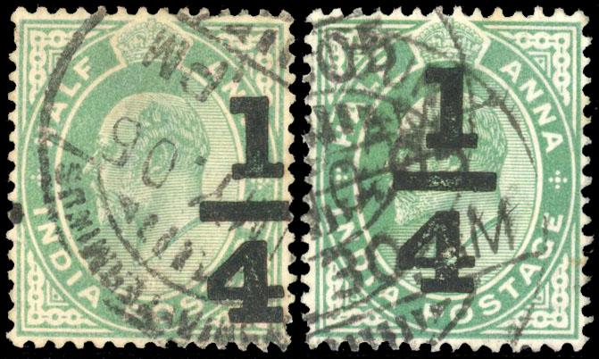 India SG 148 ¼a on ½a misplaced surcharge used. 