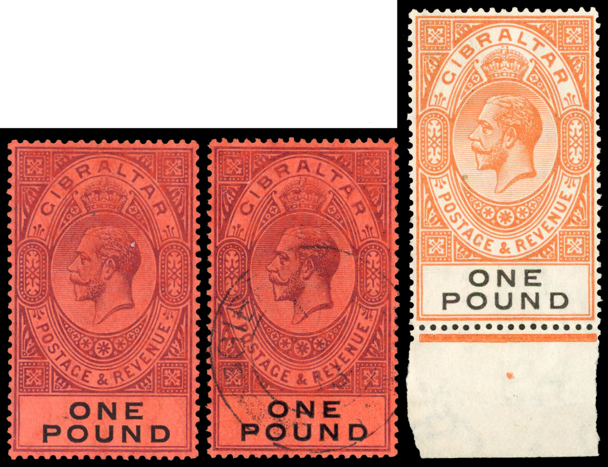 1912 £1 dull purple and black on red mint and used and 1925 10s deep ultramarine and black mint. (3) SG 85, 106