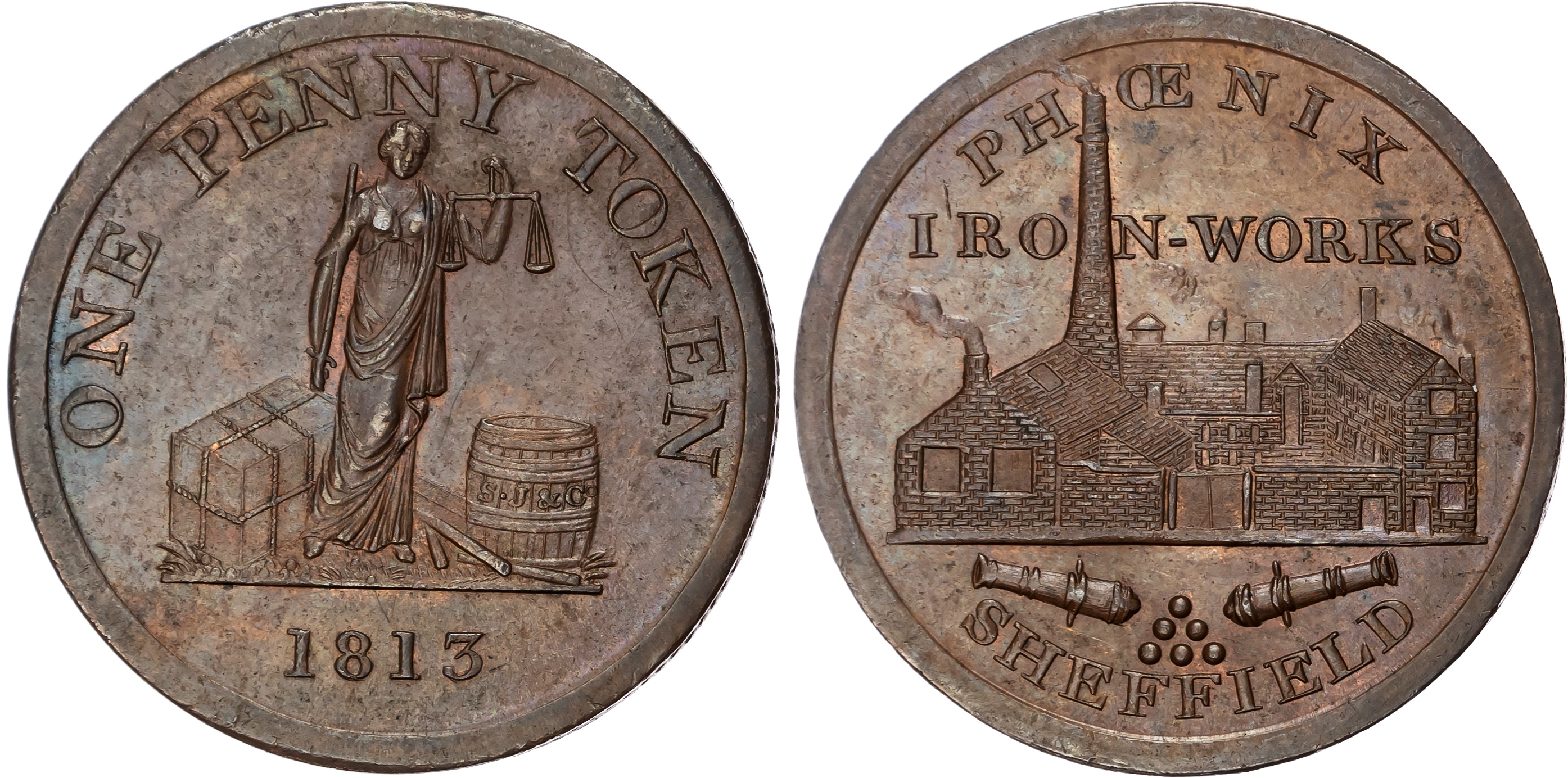 SHEFFIELD , Yorks. Longden & Gregory (Phoenix Ironworks) 1813, View of the works, rev. Justice standing betwee…