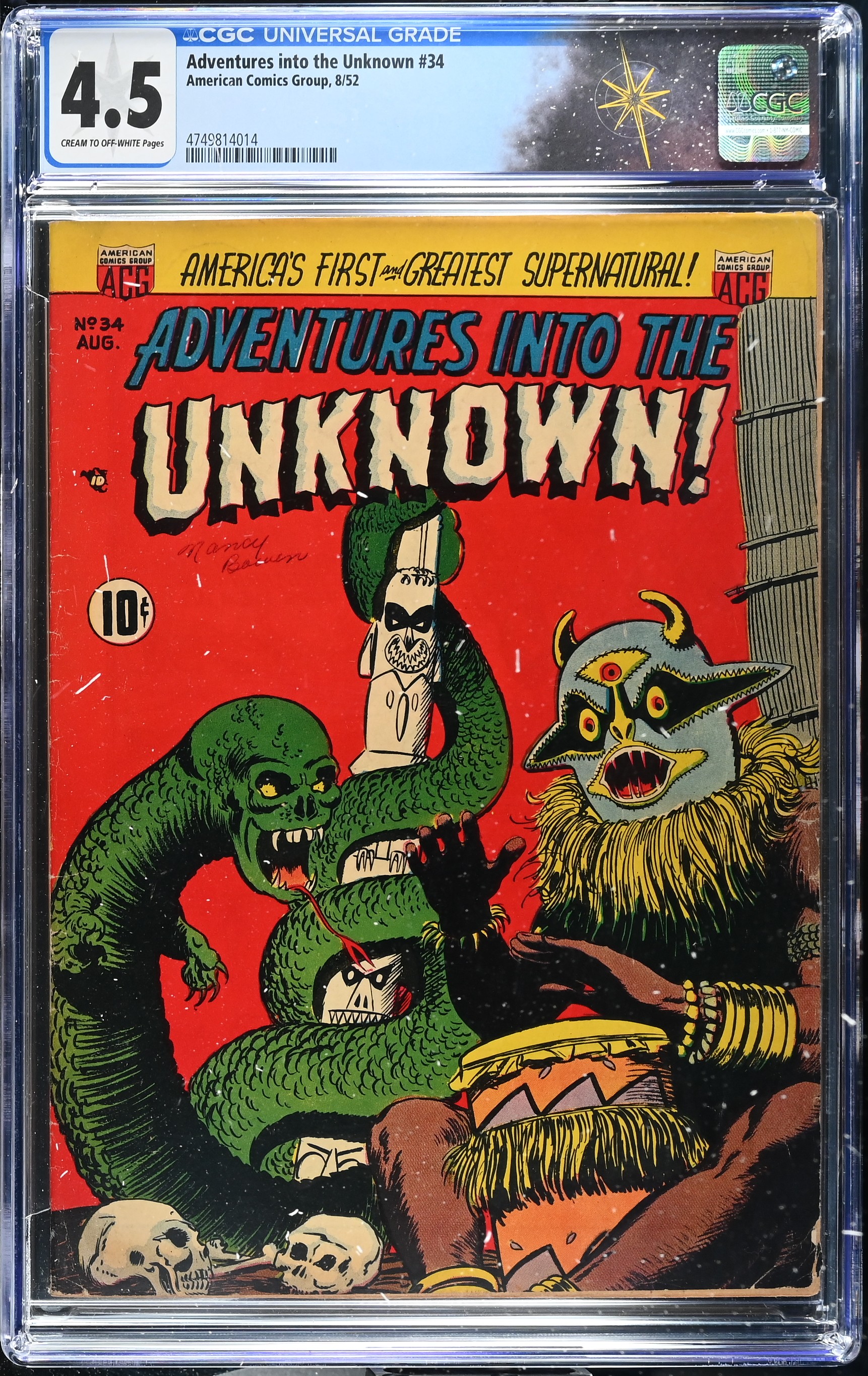 Adventures into the Unknown #34 CGC 4.5 Cover by Ken Bald (American Comics Group, 1952) Cream to Off-White Pages