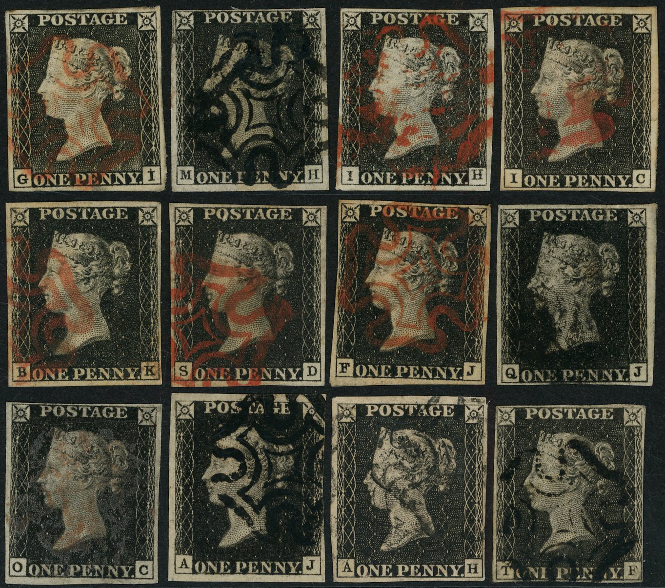 1840 1d black, complete set of twelve plates 1a to 11, all with four clear margins