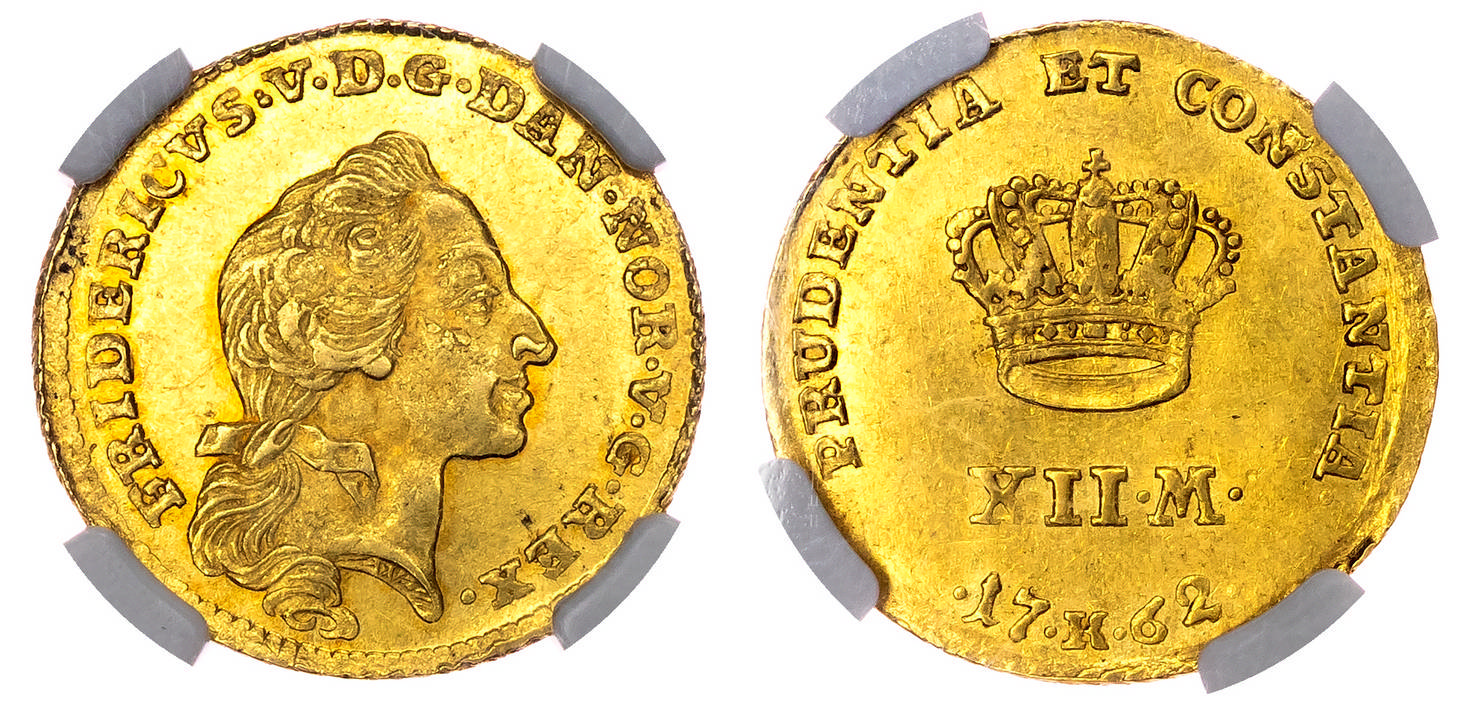 Denmark, Frederik V (1746–1766), gold 12 Mark, 1762 - MS 62