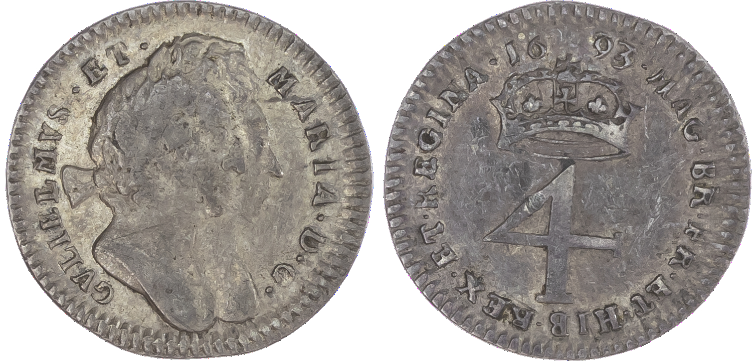 William & Mary (1689-94), Fourpences, 1689, 1693; Threepences, 1689, 1691; Twopences, 1689, 1693/2; Penny, 1693 (S.3439;