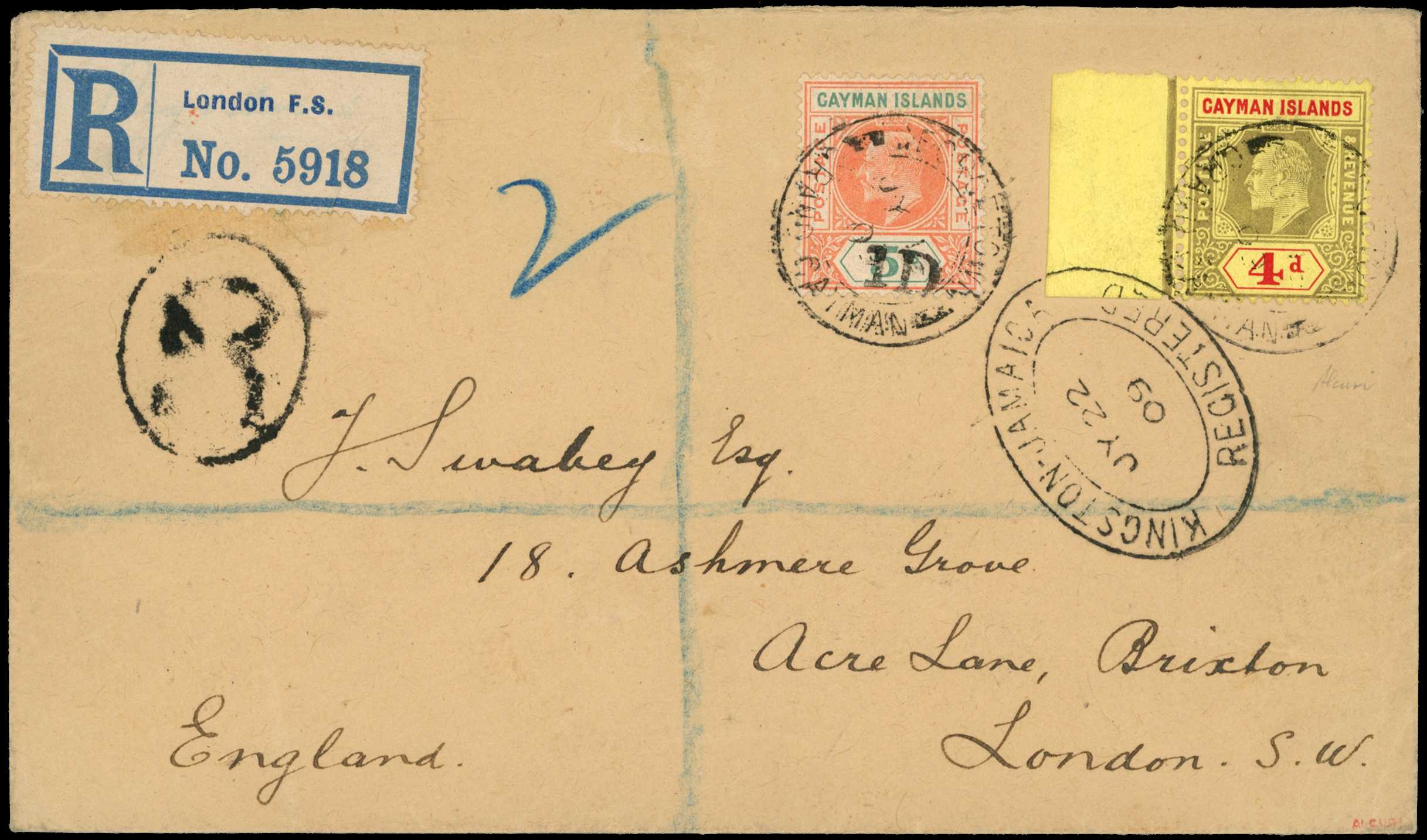 1909 Registered cover to London bearing a "1D"...