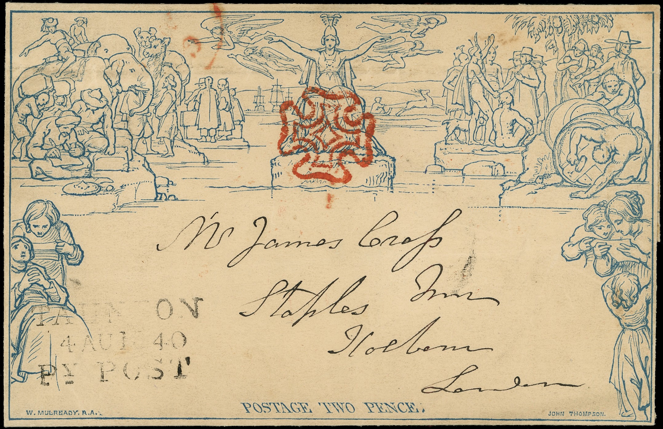 1840 2d blue Mulready letter sheet, stereo a92, to London on August 4th...