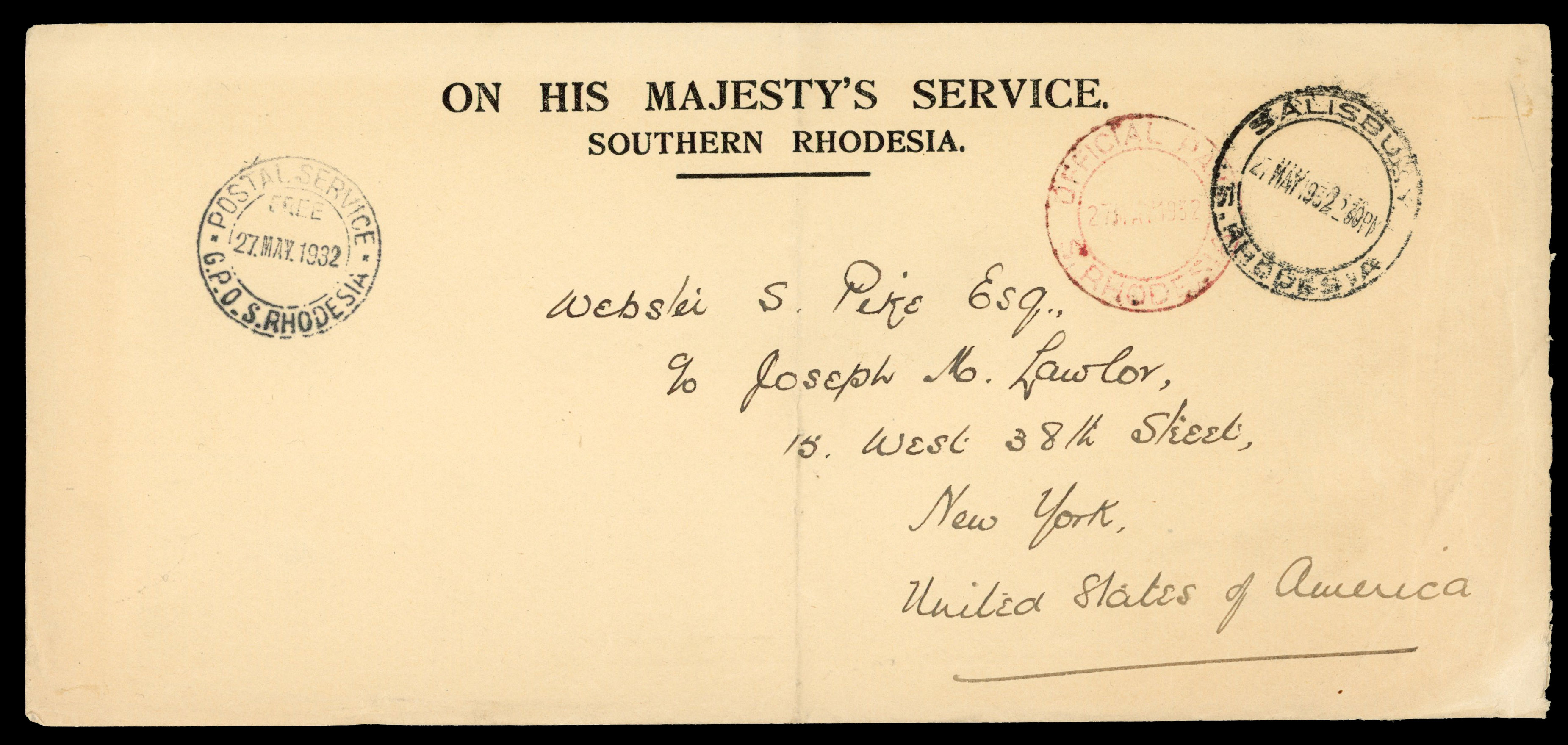 POSTAL HISTORY: 1928-32 Stampless Official. ADDED TO R2000147/2 
