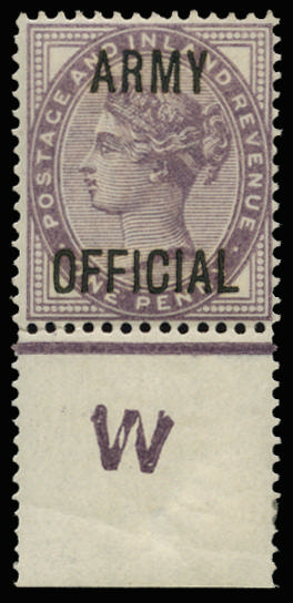 Great Britain 1896 1d Lilac (Army Official). Superb unused o.g. imperforate "W" control example with a huge perf e…