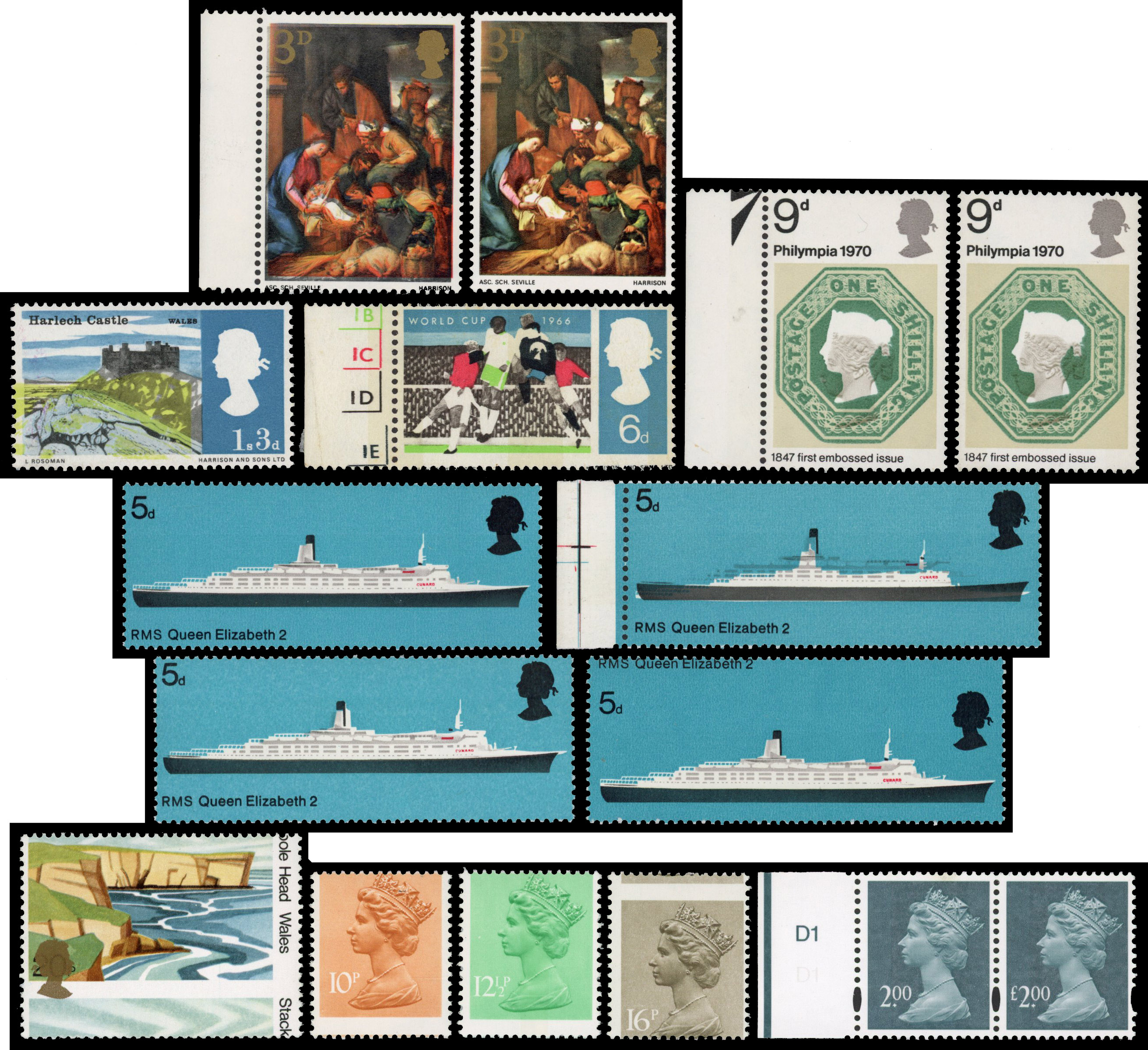 GB: QEII selection of mint varieties including 1958 1s with double impression BPFSA certificate (2010), minor shifts on 1966