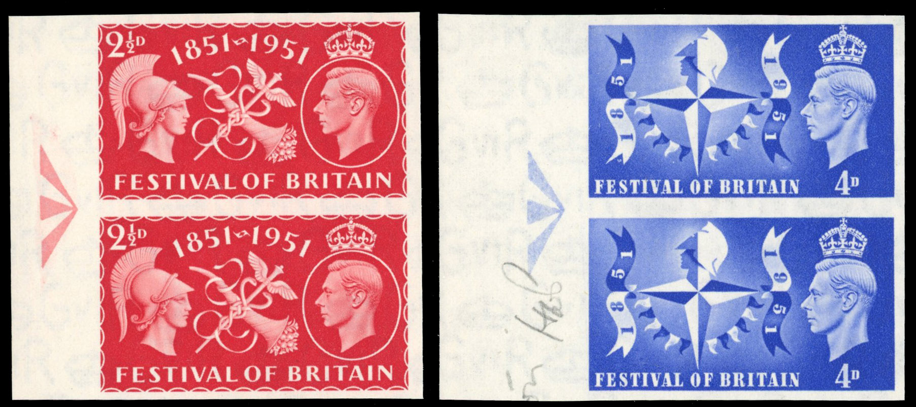 GB 1951 2½d-4d Festival of Britain set of two pairs of imperforate imprimaturs, 513var/514var