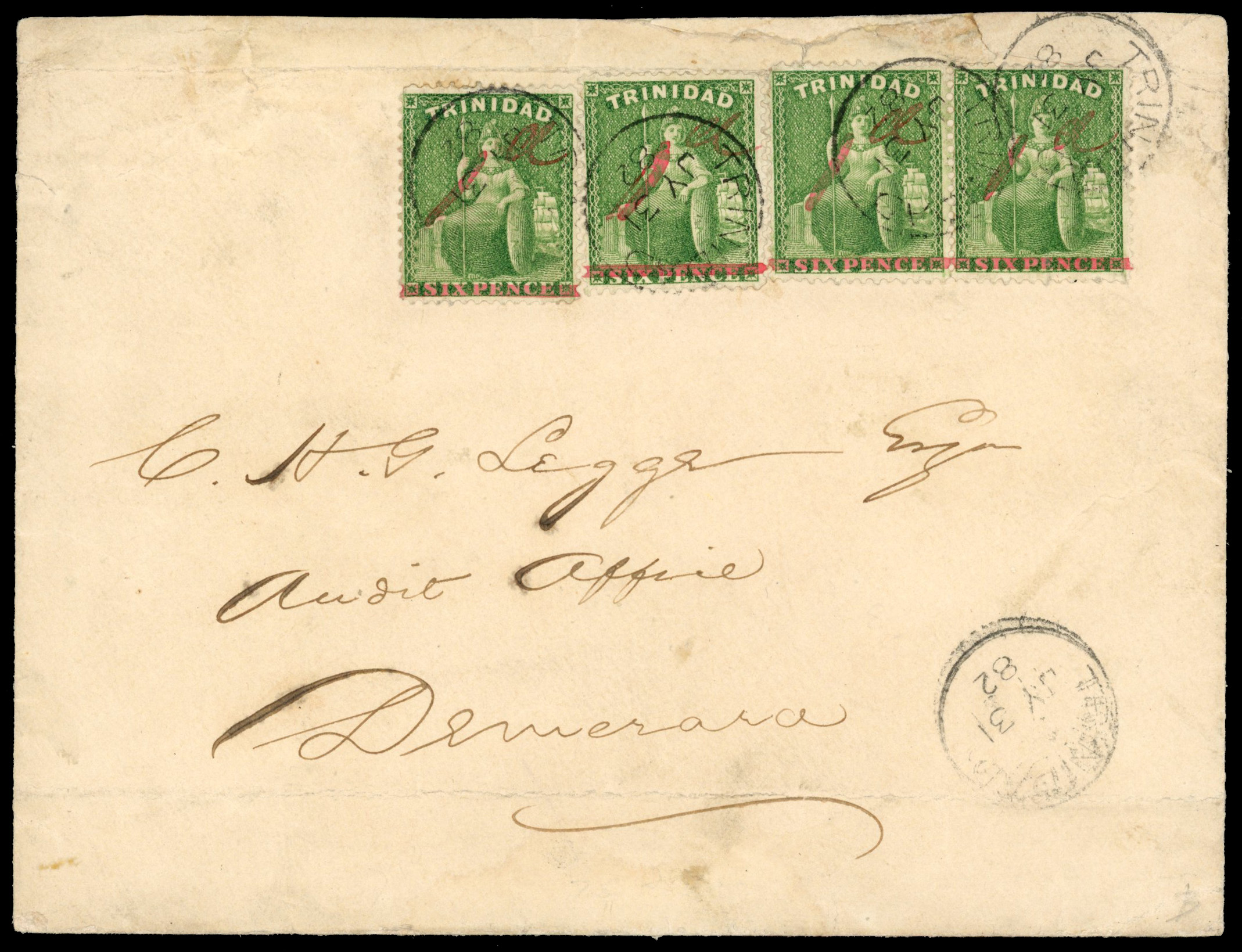 Trinidad 1882 cover to Demerara with four 1d on 6d