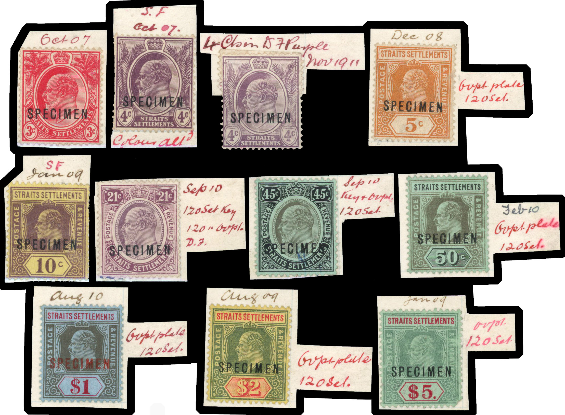 Straits Settlements 1906-12 part set to $5 DLR file copies overprinted Specimen 