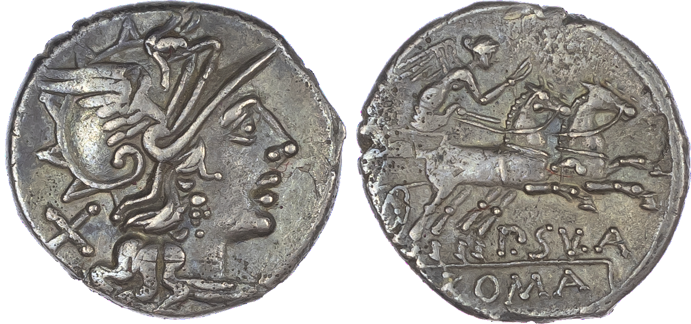 Publius Cornelius Sulla (151 BC) AR Denarius, Rome, 2.92g. Helmeted head of Roma facing right, X (mark of value) behind.