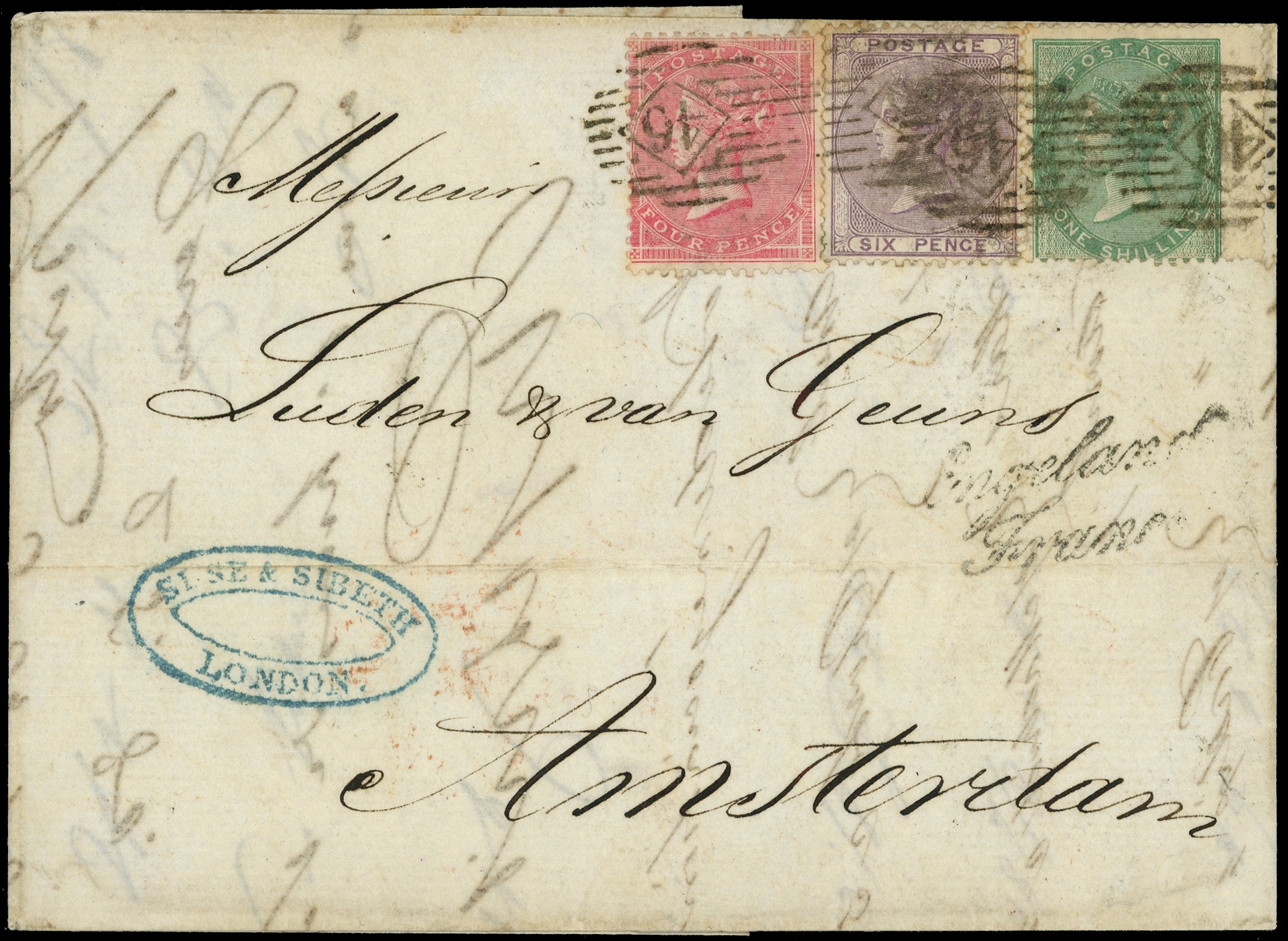 1861 (January 22nd) large part entire, London to Amsterdam, franked at 1s10d...