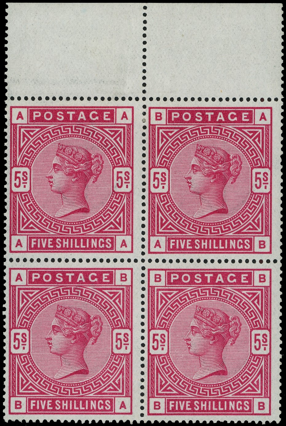 Great Britain 1883 5s Crimson top marginal block of...
