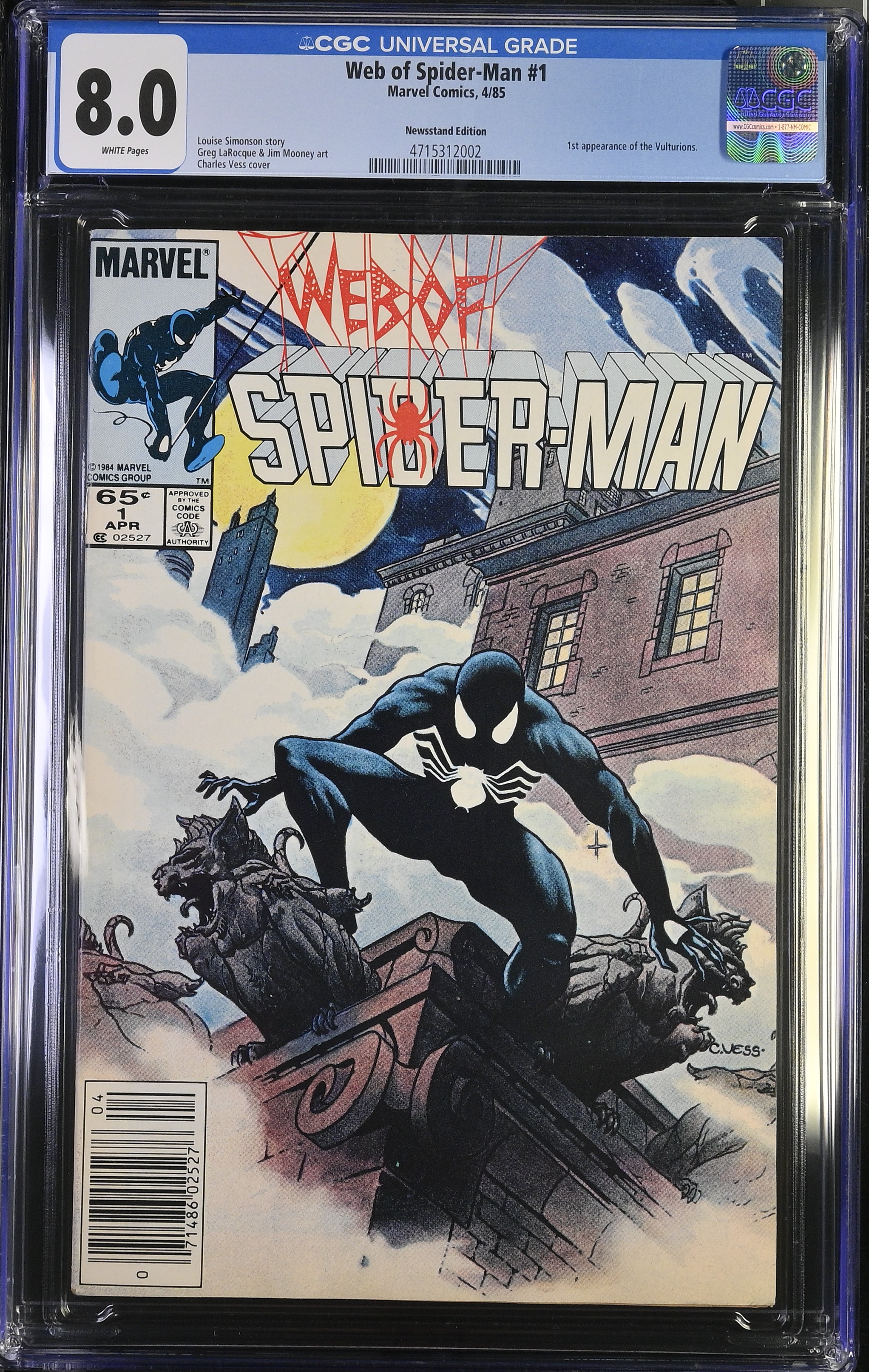 Web Of Spider-Man #1 CGC 8.0 1st Appearance of the Vulturions Newsstand Edition (Marvel Comics, 1985) White Pages