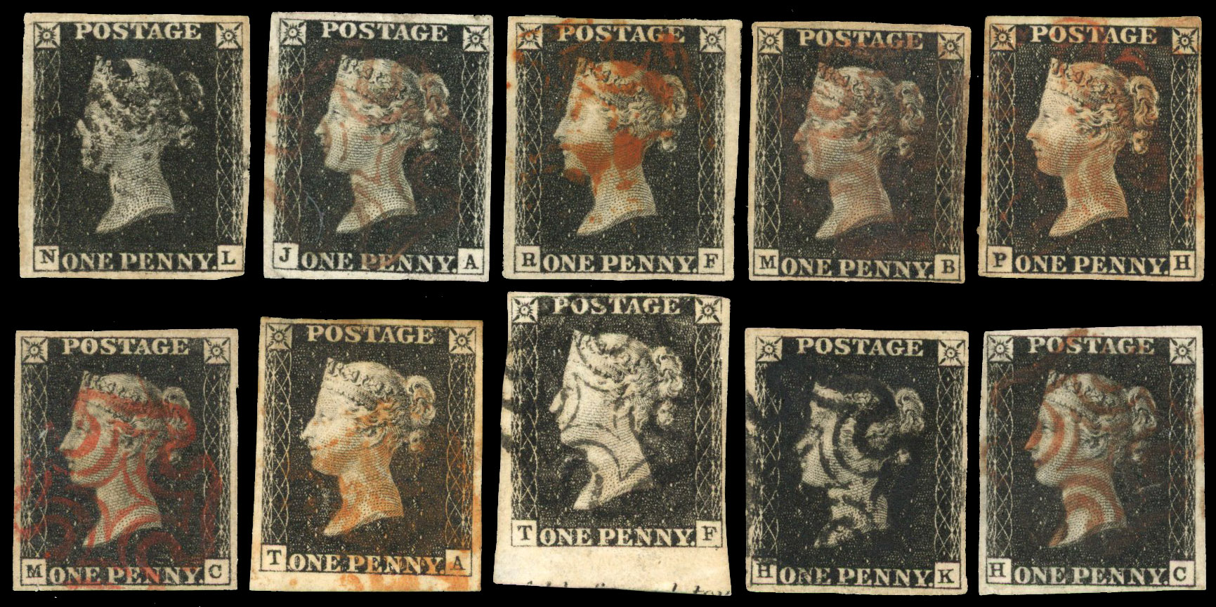 GB: 1840 1d black used range, unplated selection ten examples, 4-margin, ‘TF’ with large margin at bottom, red MC 7, black 3