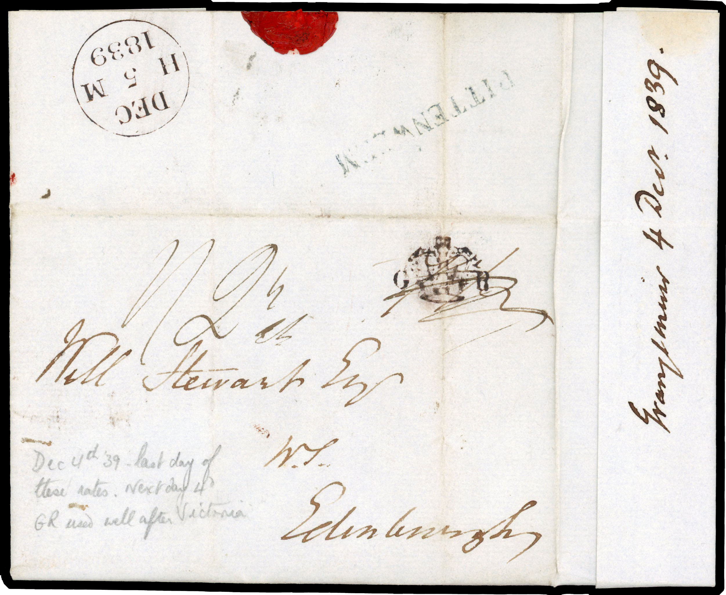 1839 Pre-stamp. Fine entire sent from London to Edinburgh last day of variable rates