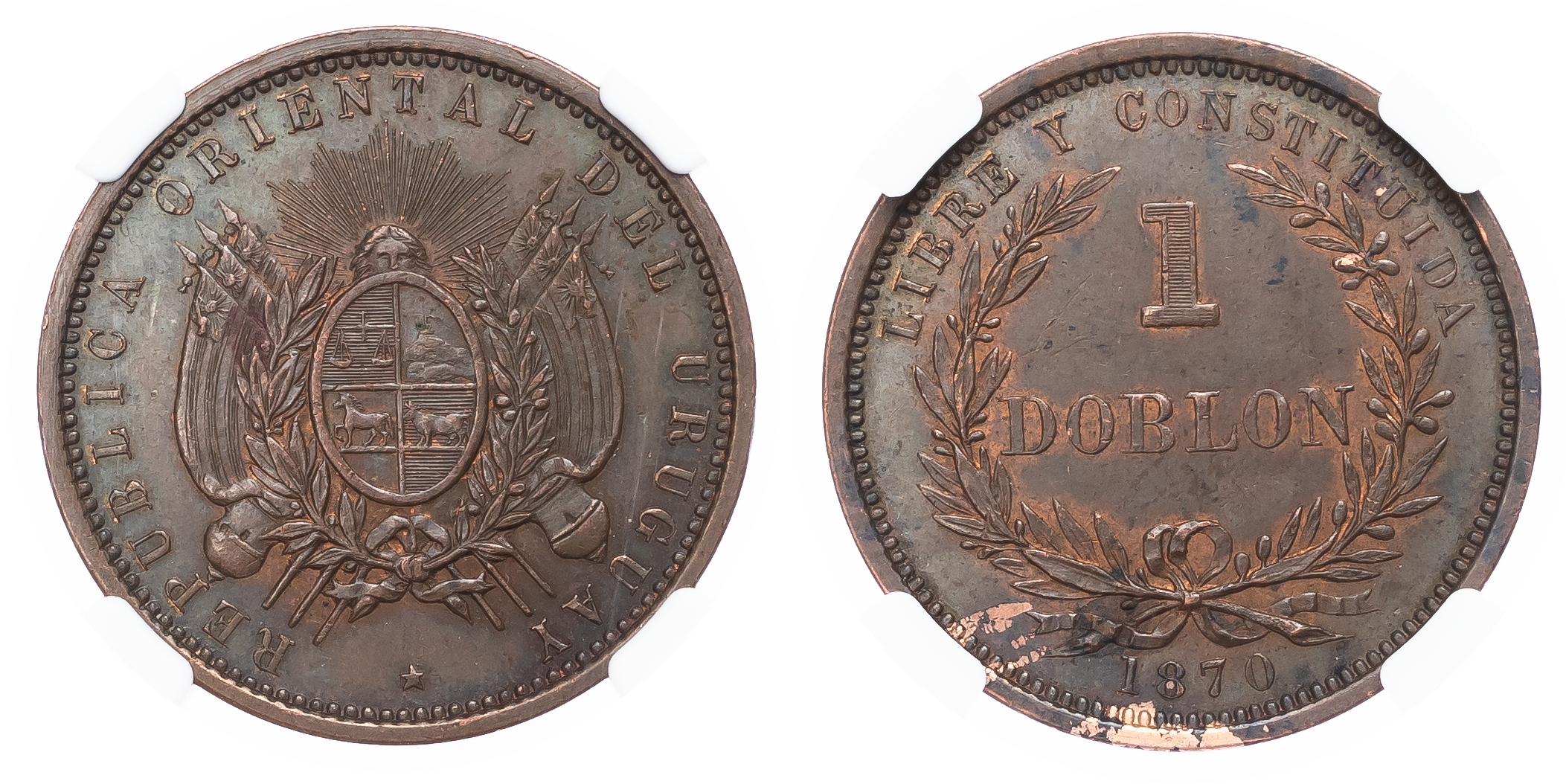 Uruguay, copper Proof Pattern Doblon, 1870 - PF 62 BN