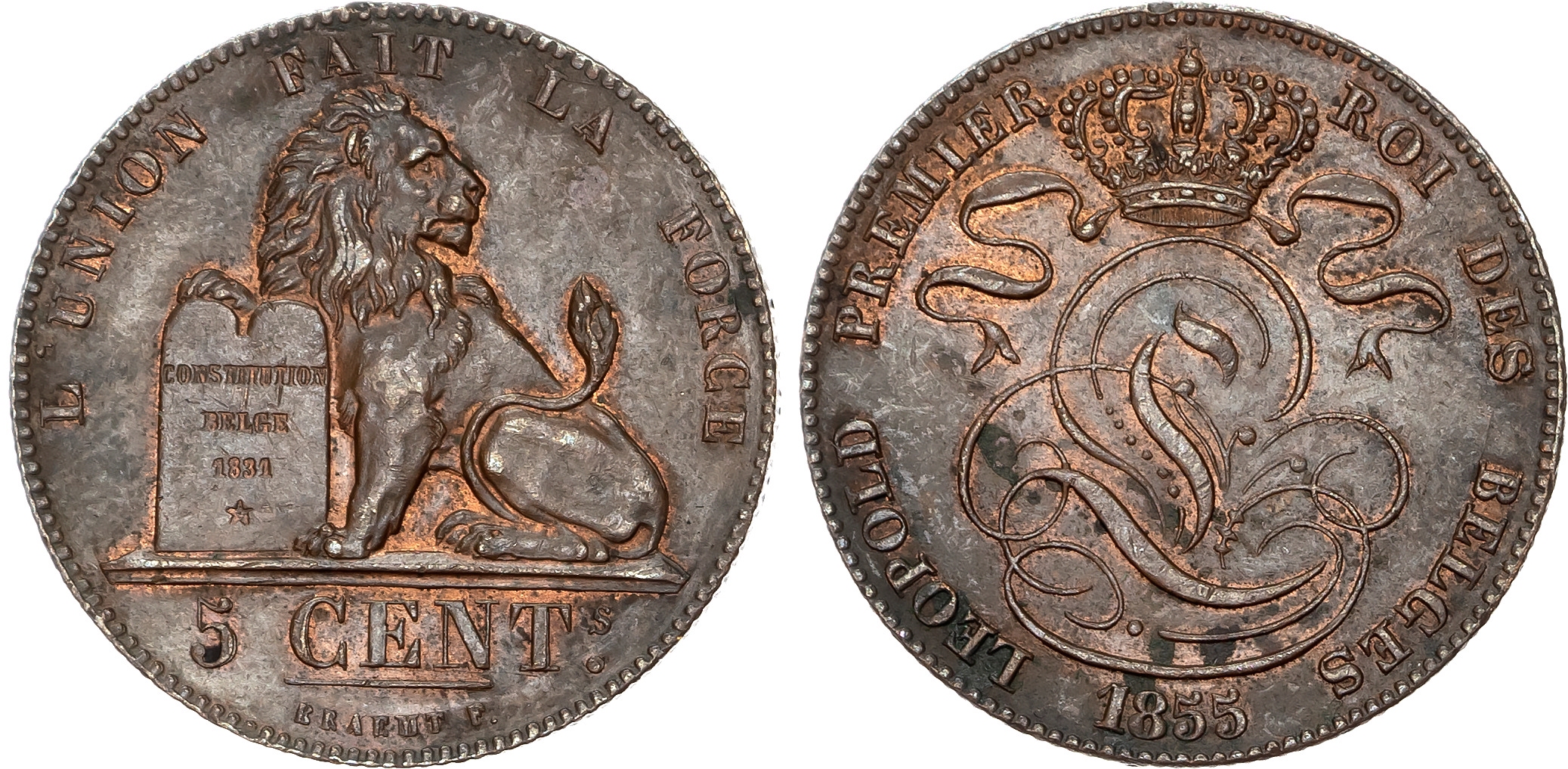 Belgium, Leopold I (1831-1865), copper 5 Centimes, 1855