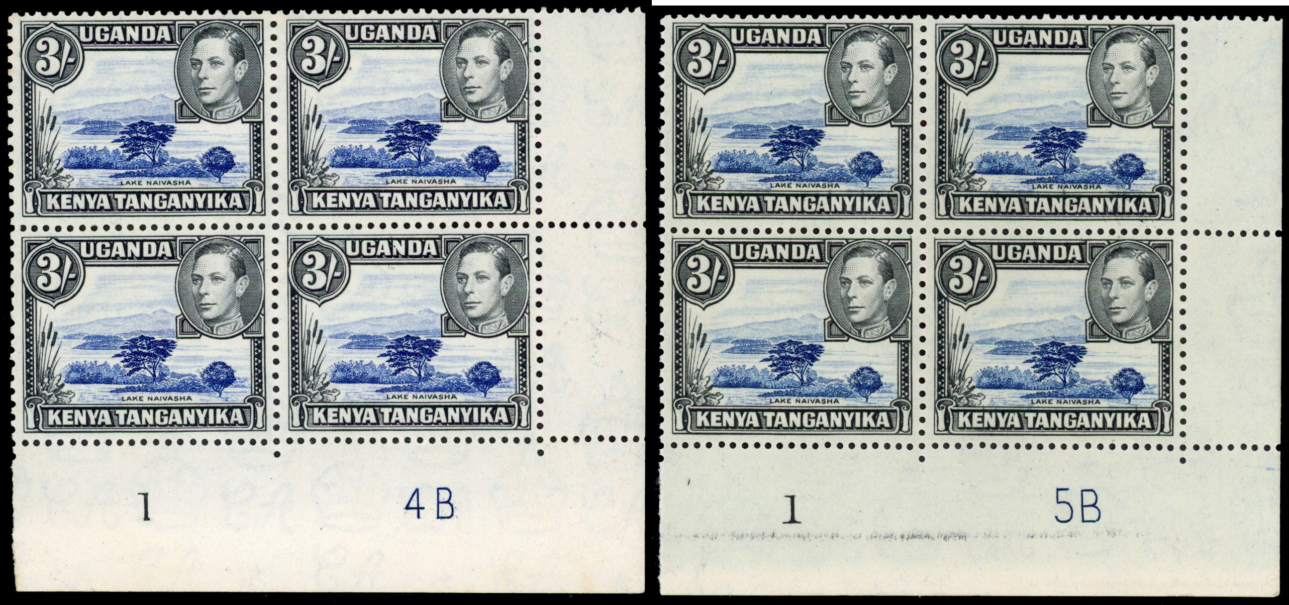 KUT SG 147 1942-7 3/- Plate blocks mint