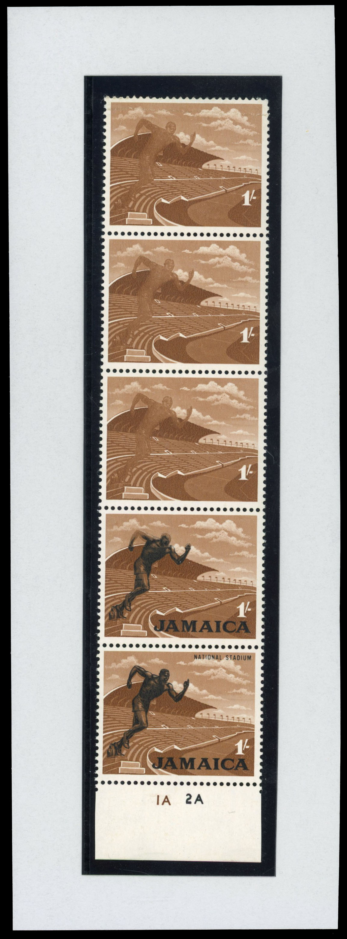 Jamaica 1964-68 National Stadium 1s black and brown, mint unmounted o.g. with black omitted
