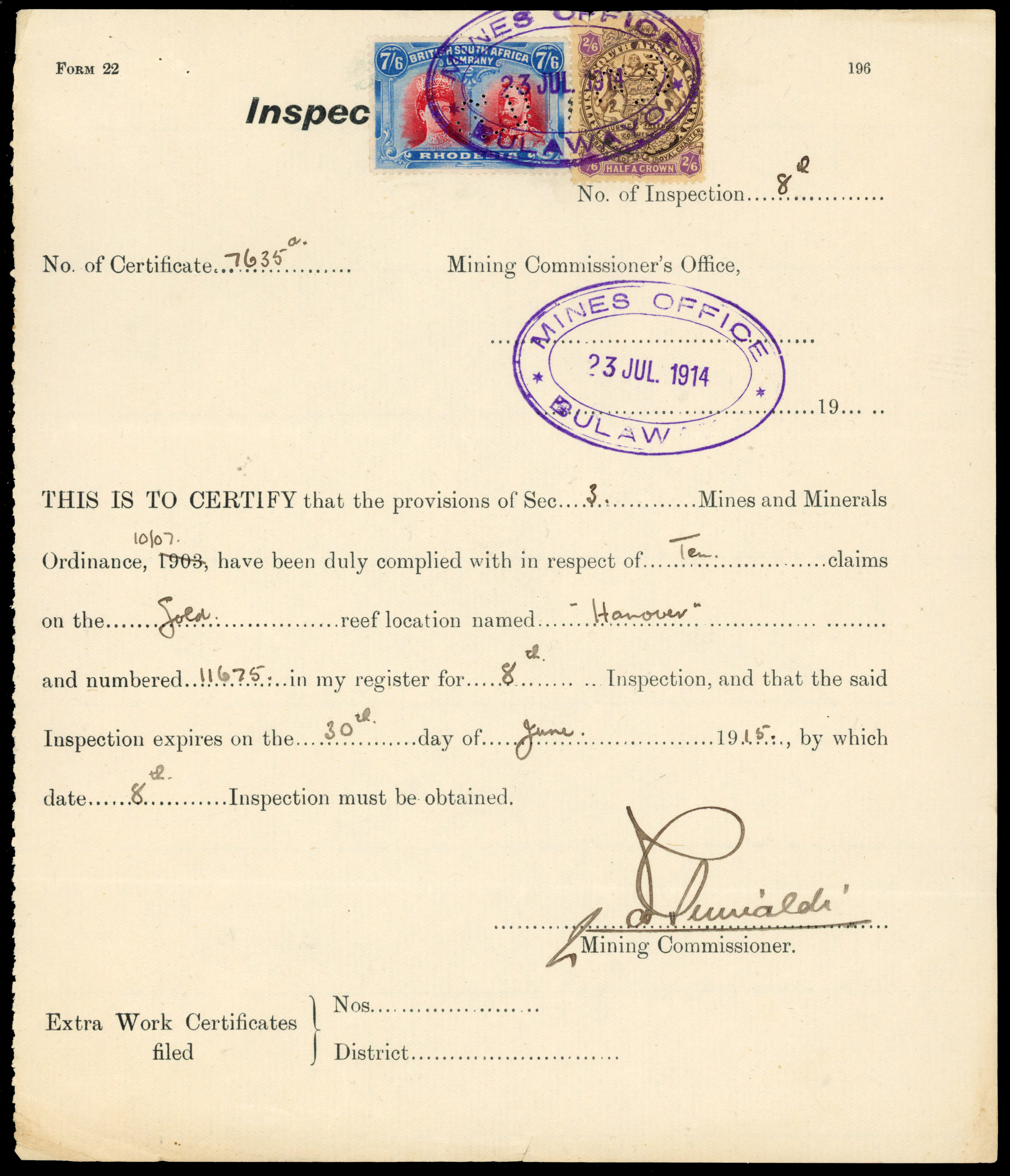 Rhodesia 1914 Mine Inspection Certificate with 7s6d bright rose-red and blue