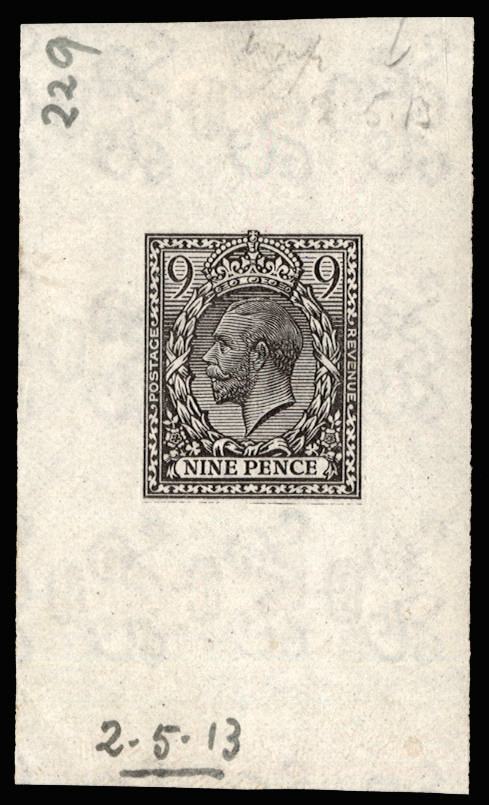 Great Britain 1913 9d Die proof. Very fine fully cleared example printed in black on gummed watermarked Royal Cyph…