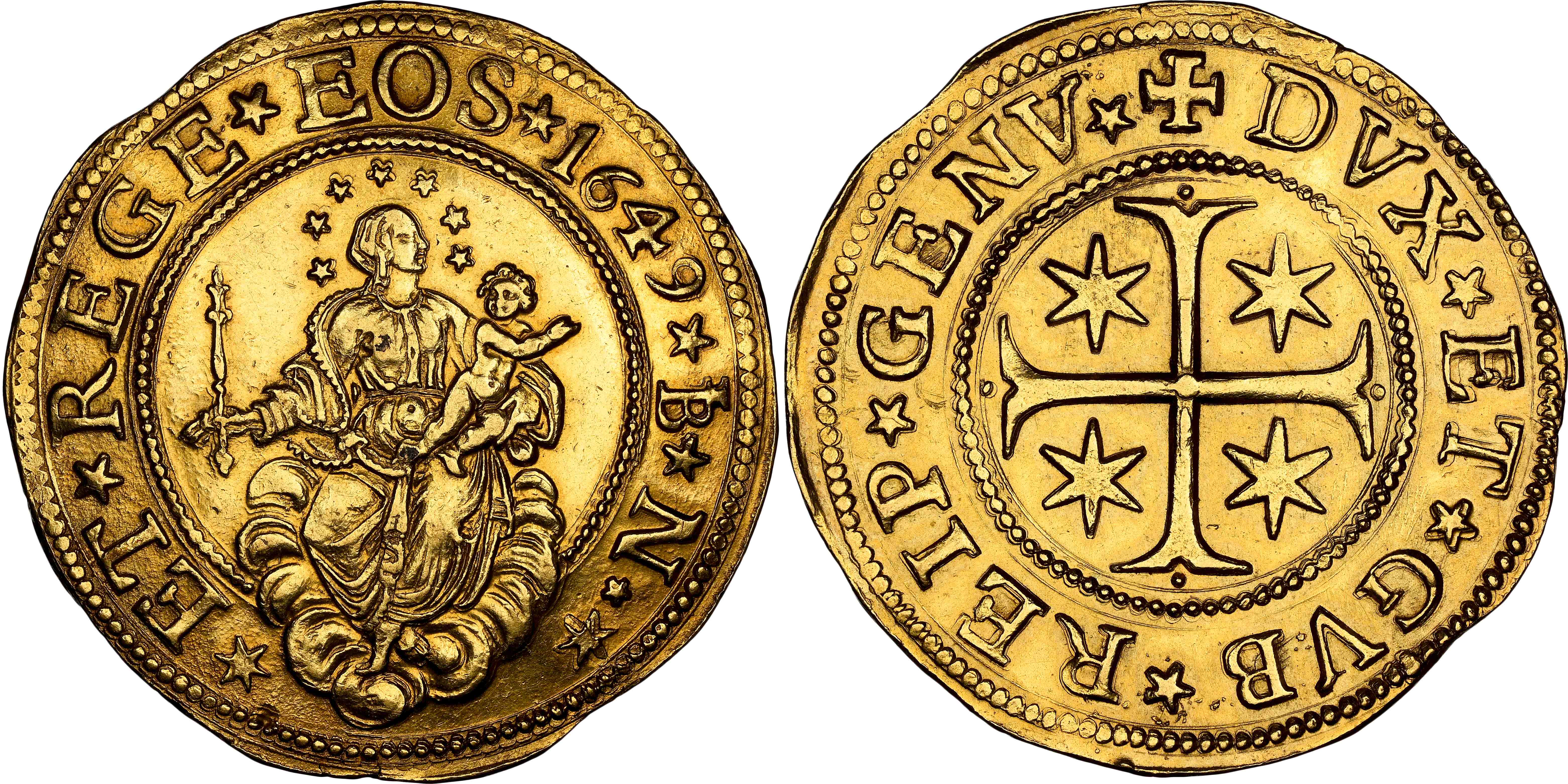 Italy, Genoa, Republic, gold 5 Doppie - AU 58 extremely rare
