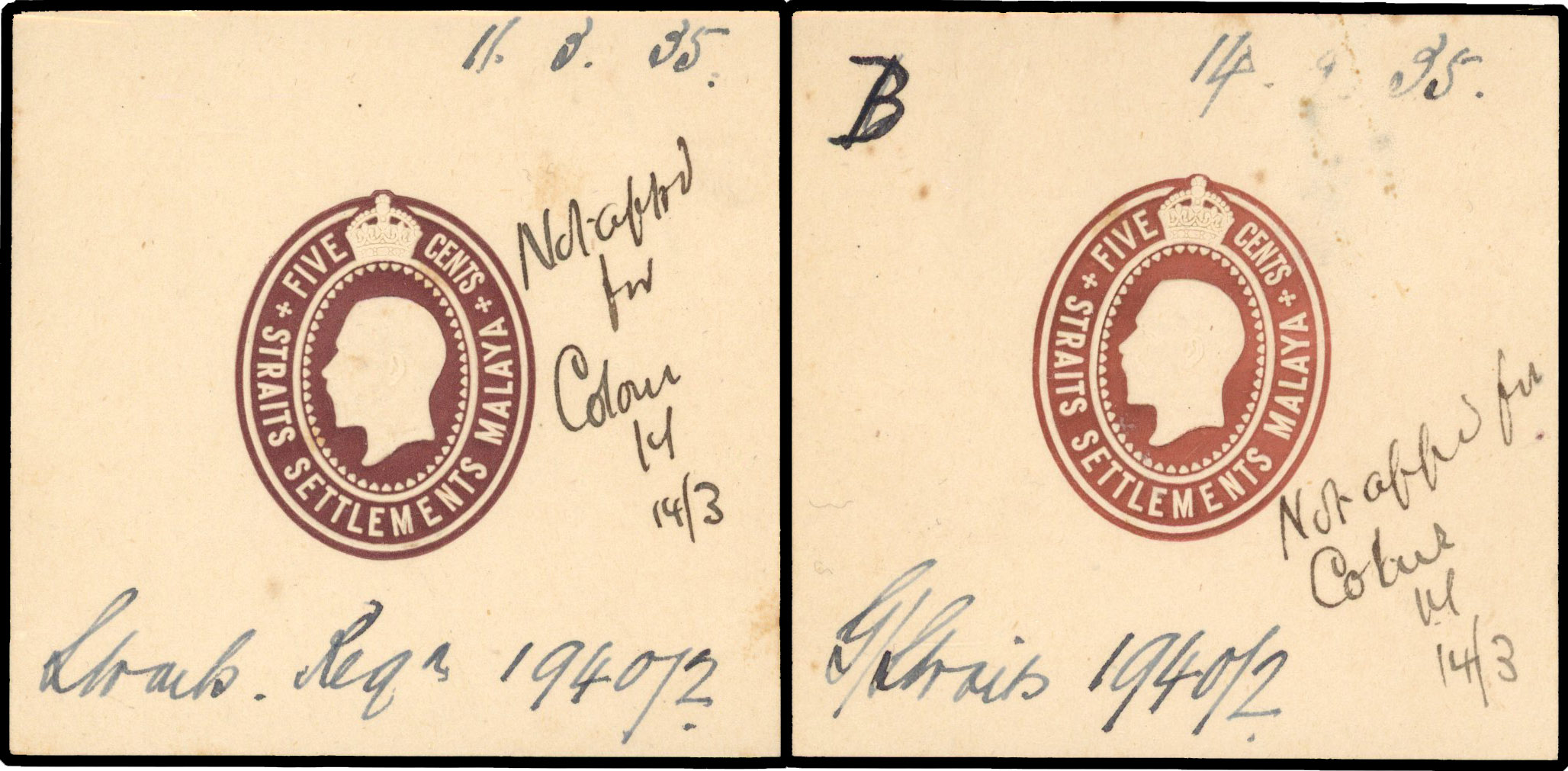 Straits Settlements 1935 KGV 5c embossed envelope stamp proof x2