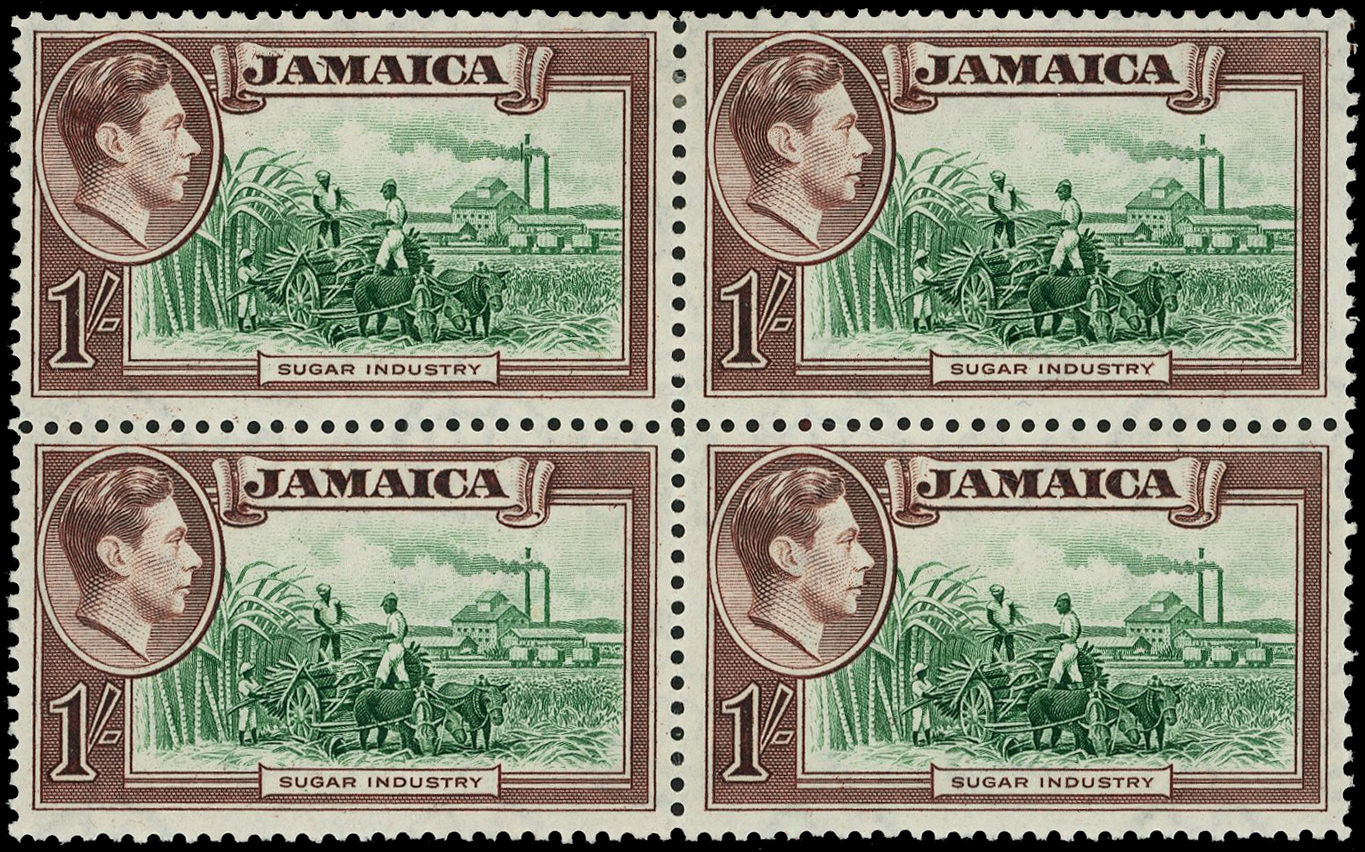 1938-52 1/- green and (light) purple-brown block of four, fine lightly hinged o.g., CP1 R11/1 repaired chimney.  Ink mark...