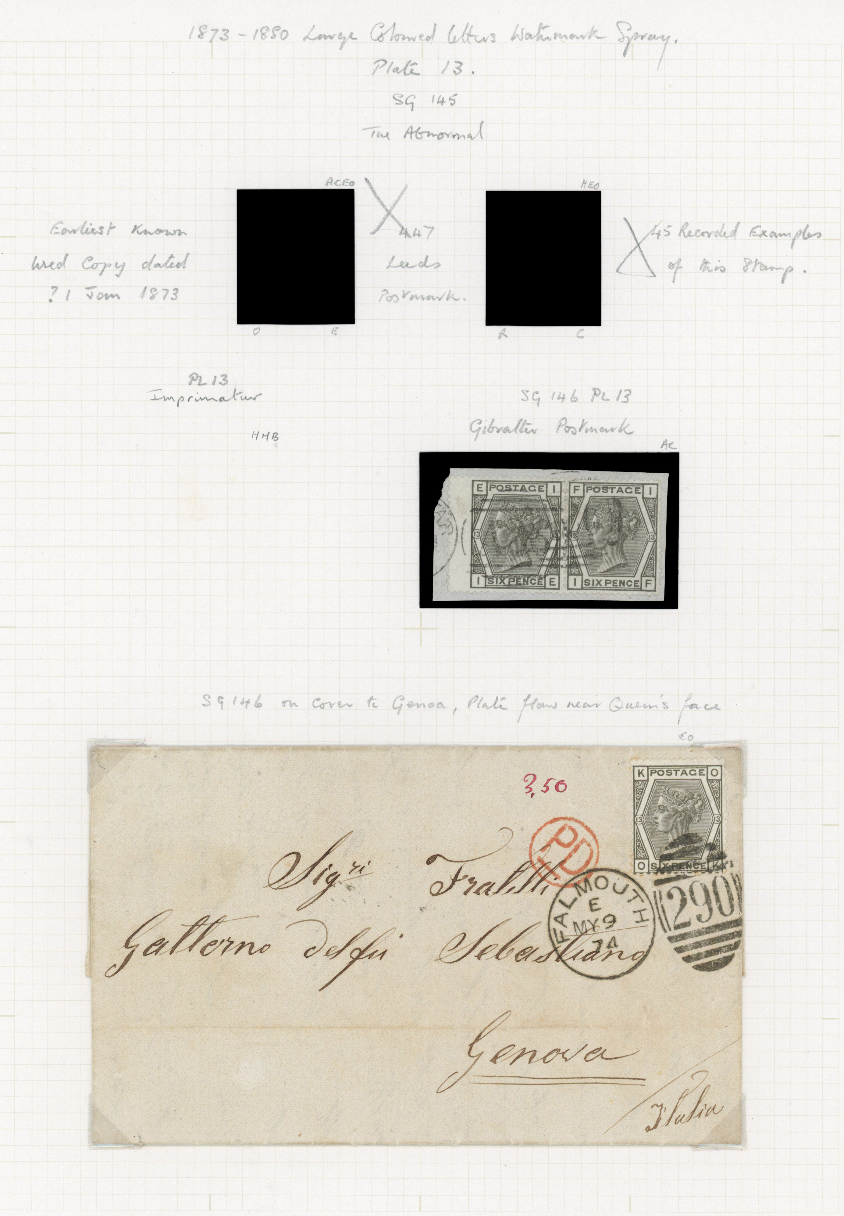 1874 6d Grey Pl.13-17 (SG 146/7, Wmk. Spray) & 6d Grey Pl.17-18 (SG161, Wmk. Crown).