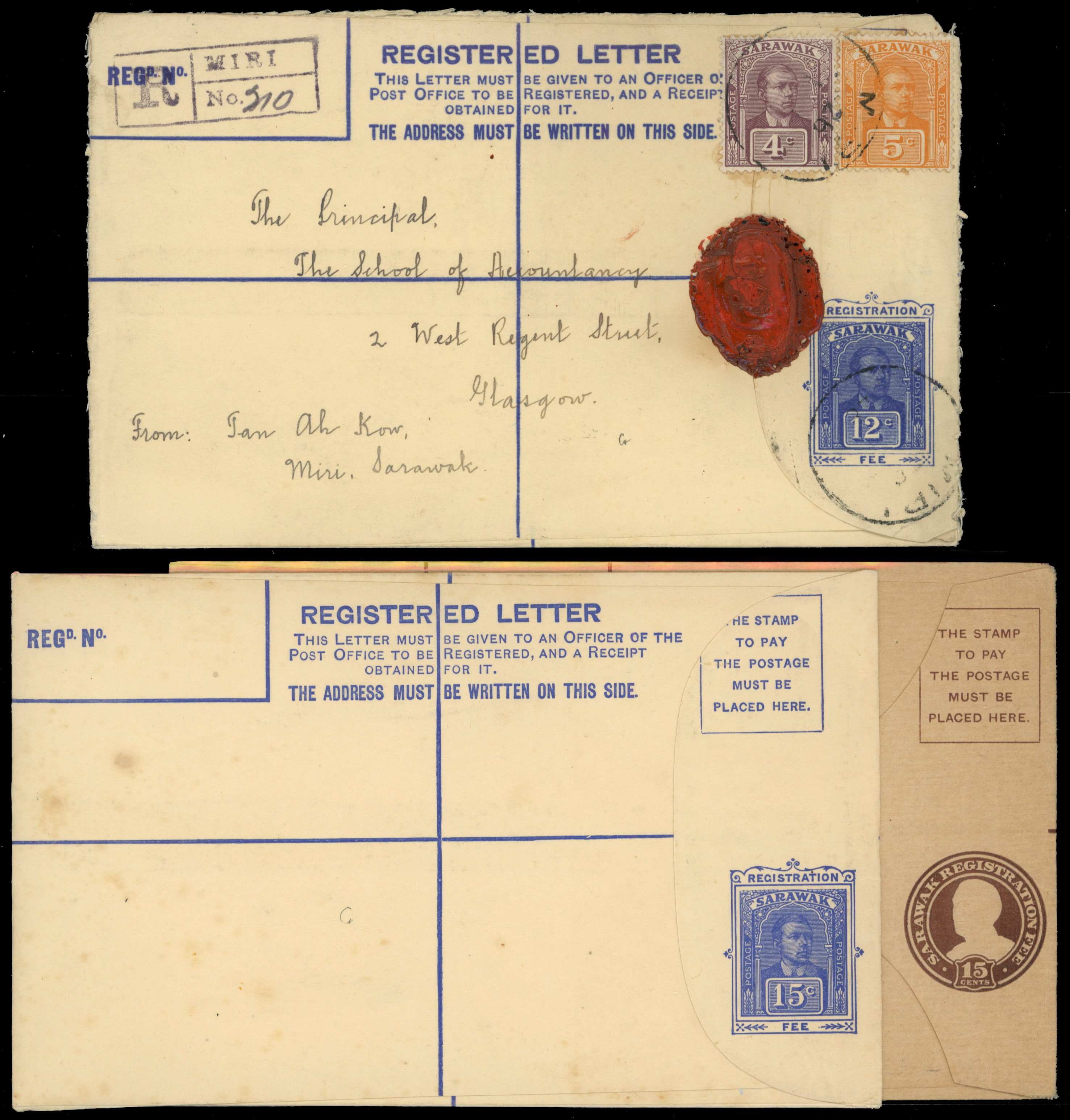 Sarawak registered postal stationery envelopes