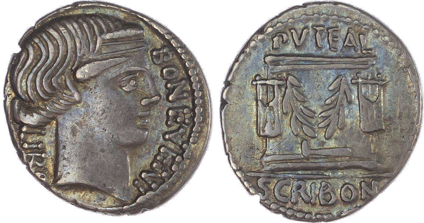 L. Scribonius Libo (62 BC) AR Denarius, Rome, 3.71g. BON EVENT LIBO, diademed head of Bonus Eventus facing right. Rev.