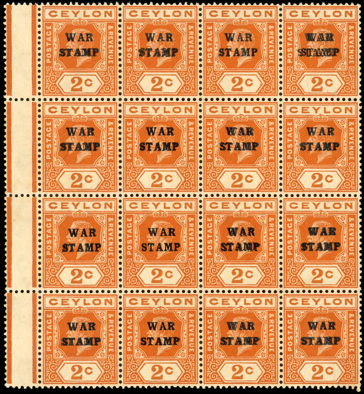 Ceylon 1918-19 2c War Stamp block of sixteen, overprint double, SG 330a