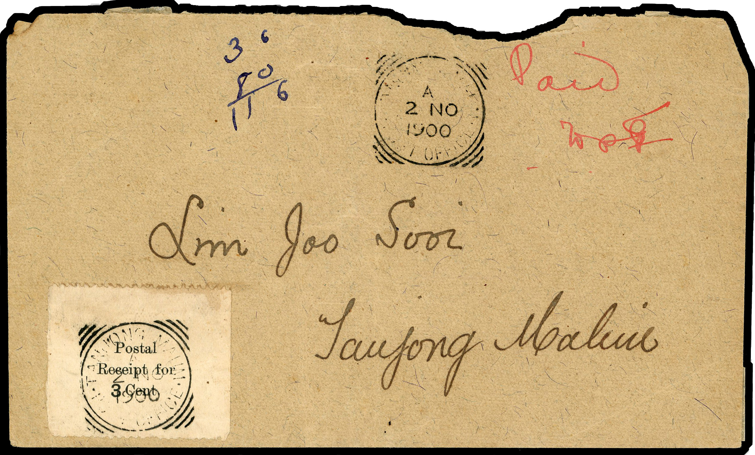 1900 local cover bearing emergency provisional “Postal Receipt for 3 Cent” cancelled Tanjong Malim squared circle (Proud D3),