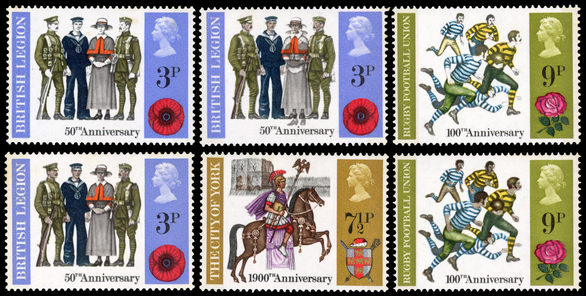 GB: 1971 Anniversaries 3p olive-brown (faces etc) omitted, 3o grey shift downwards and 9p olive-brown (flesh) omitted