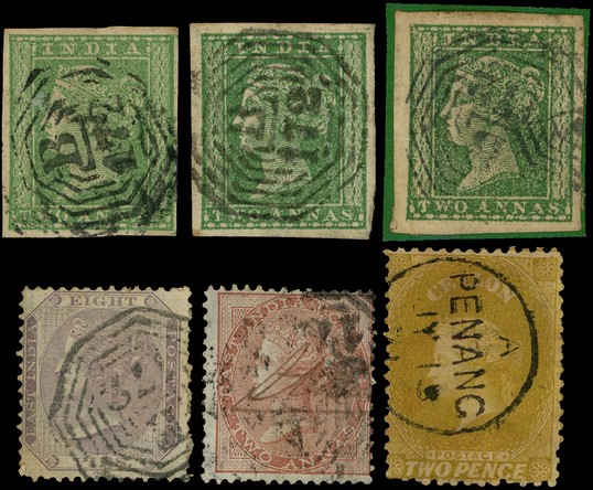 1854 India 2a green imperforate, three examples (shades), two with large margins and the other clear to good, each with...