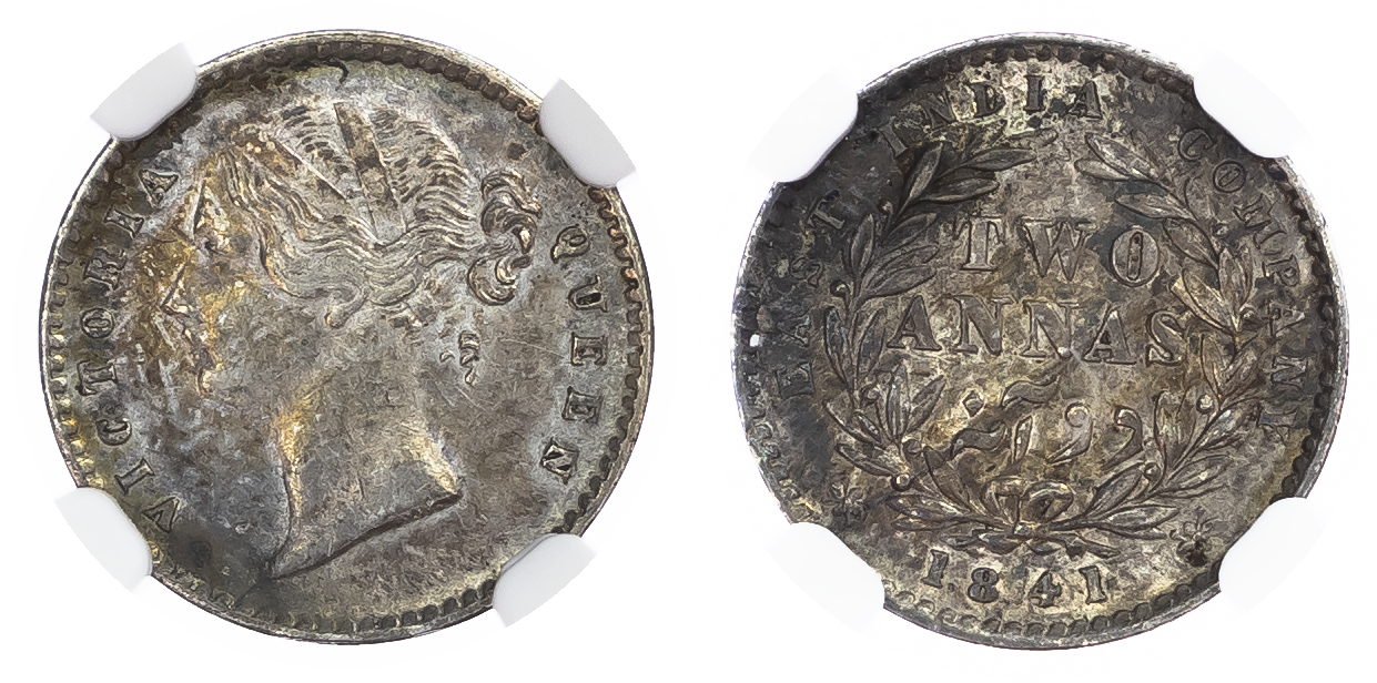 India, British Colonial. Victoria AR 2 Annas. Calcutta mint, 1841C. 