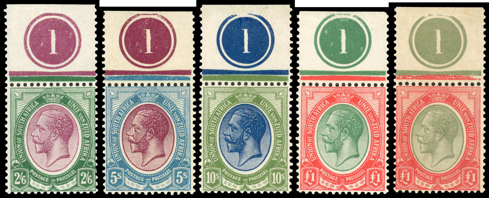 South Africa 1913-24 set to £1 with plate number