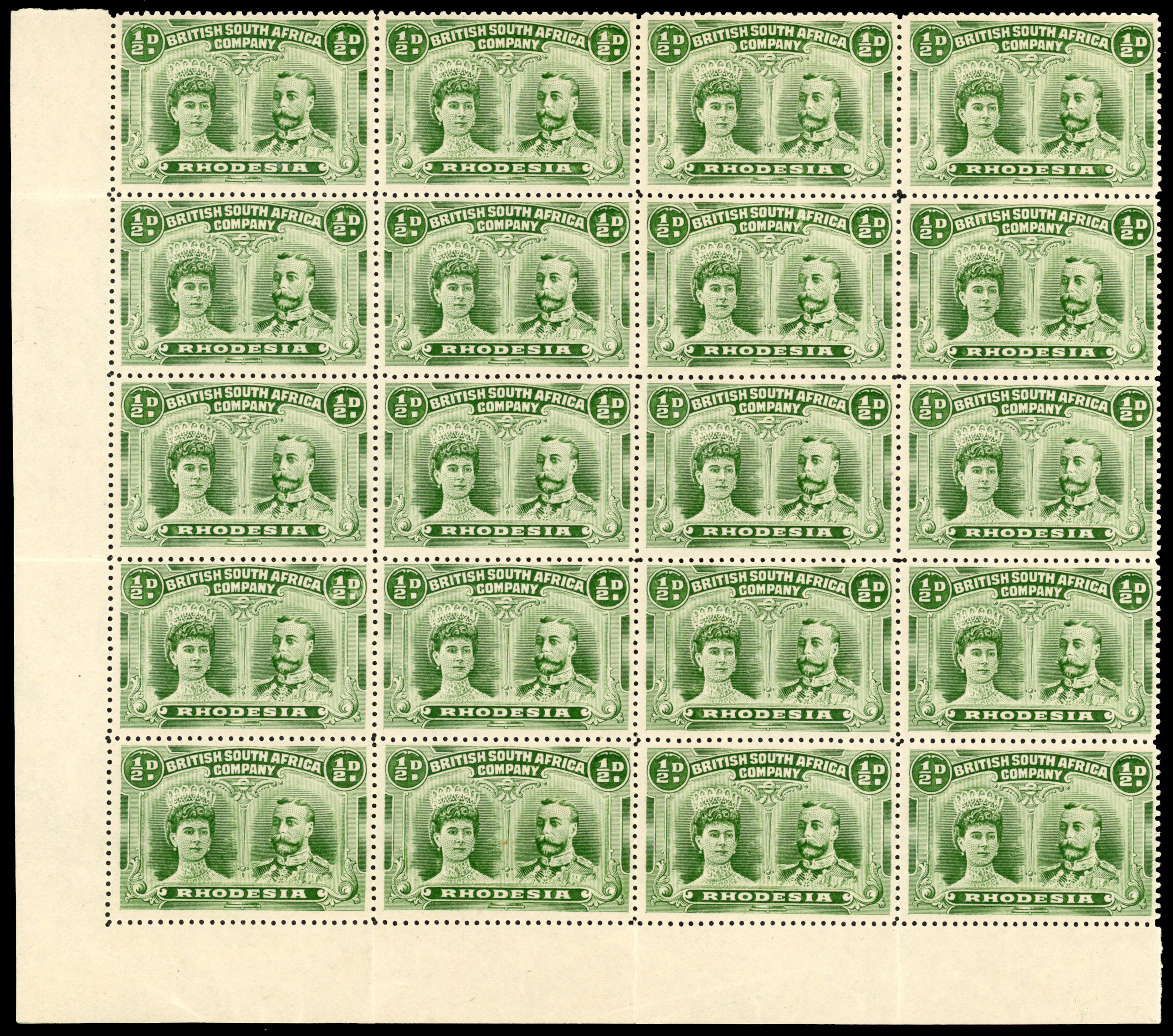 Rhodesia 1910-13 ½d yellow-green perf 14 block of 20 unmounted