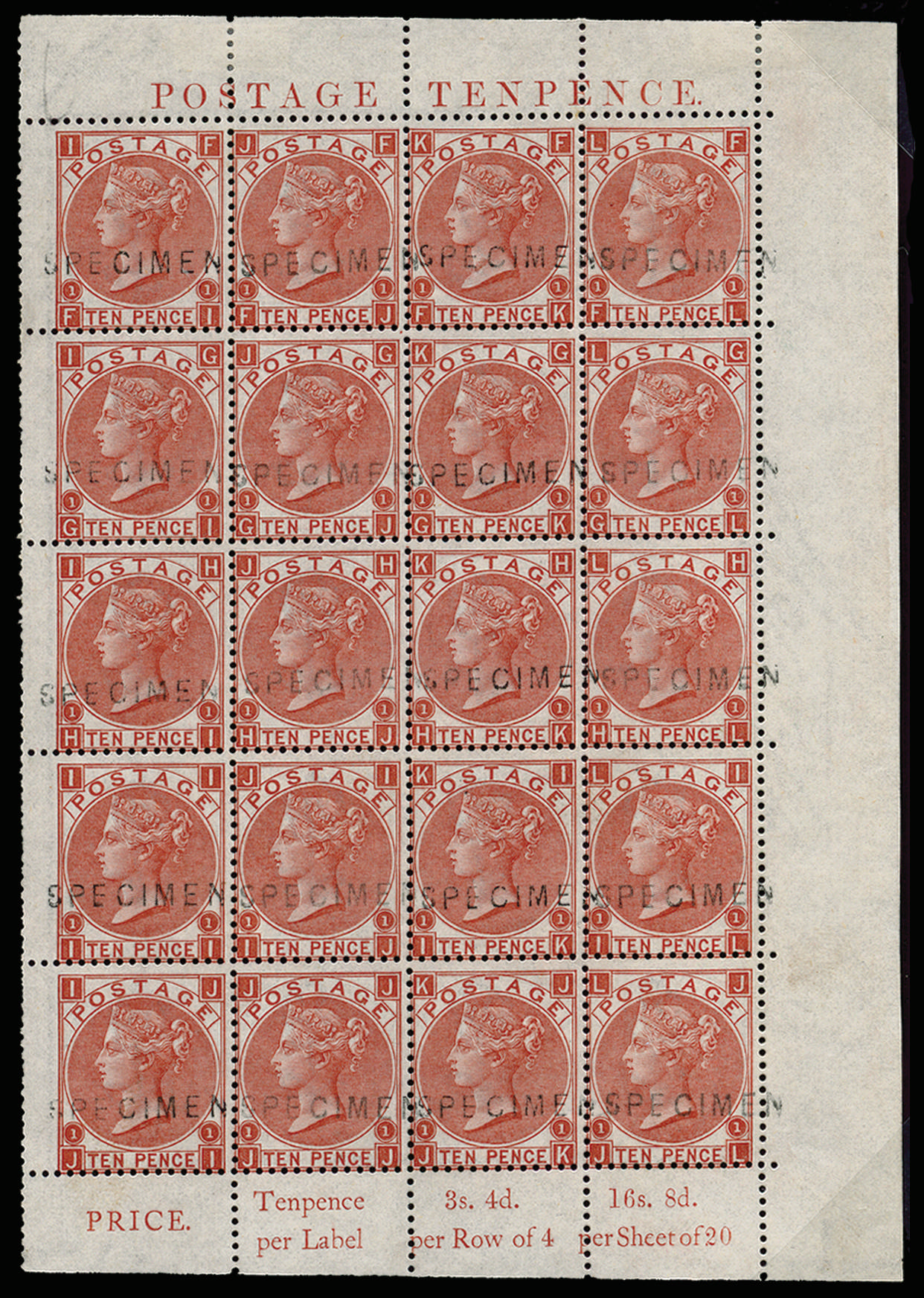 Great Britain 1867 10d Red-brown Pl.1. Very fine and fresh unused complete pane of twenty lettered FI-JL showing s…