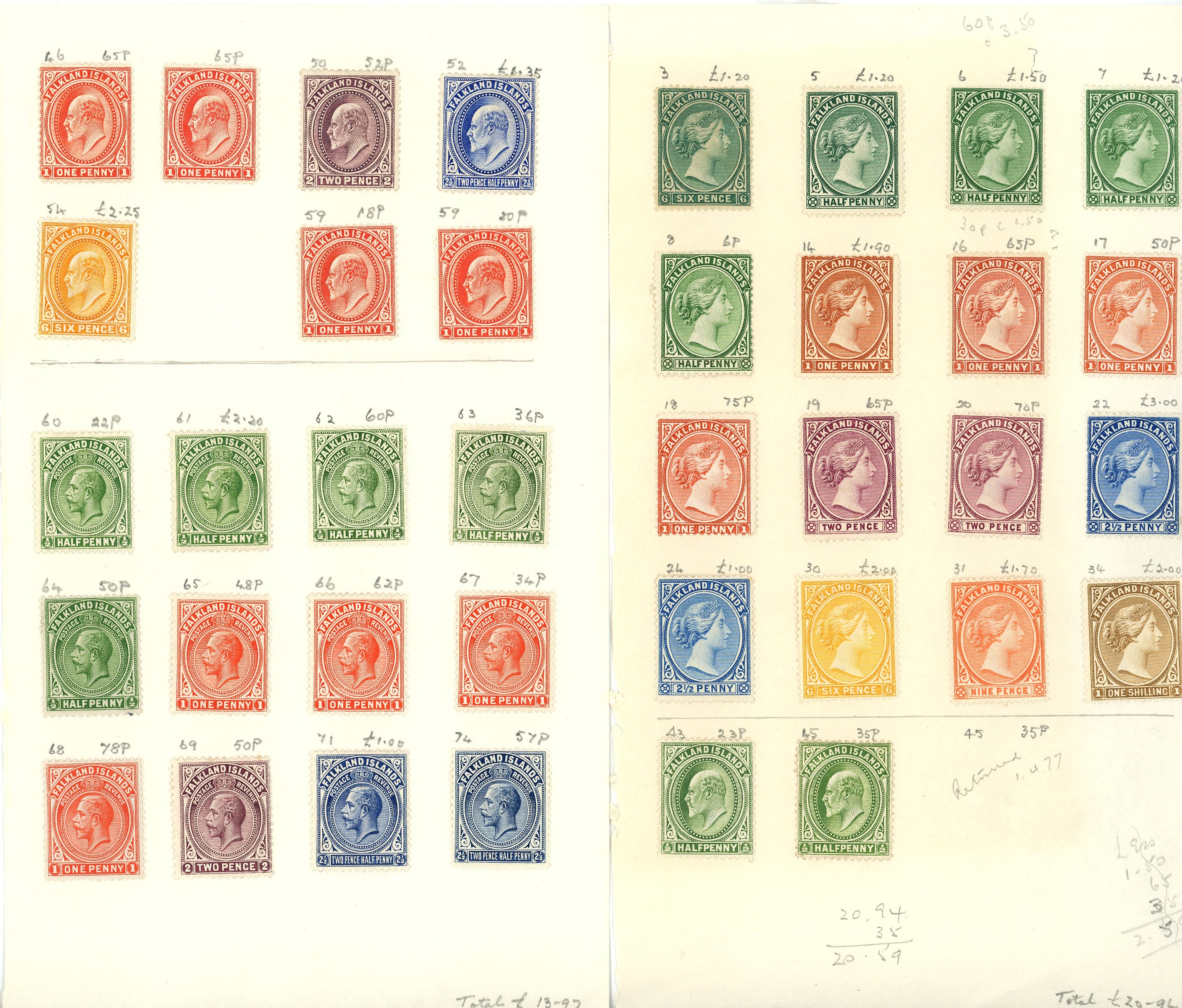 FALKLAND IS: Mint selection in old approval book including 1891 values to 1s, KEVII values to 6d, 